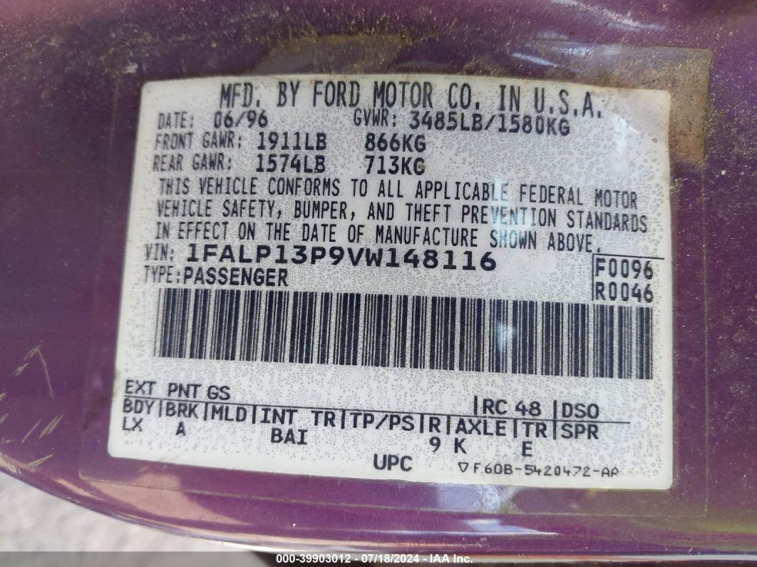 1997 Ford Escort Lx Purple vin: 1FALP13P9VW148116