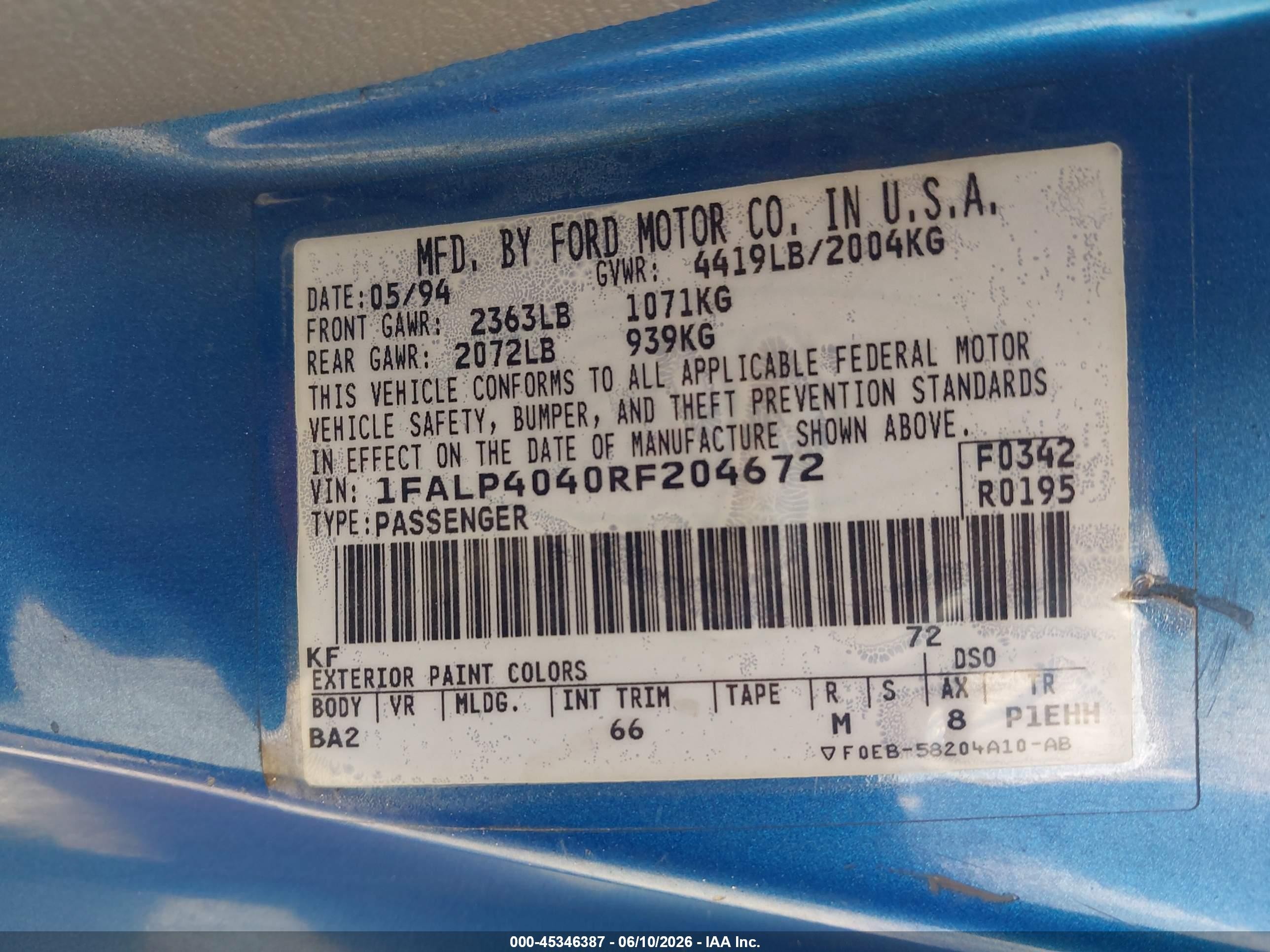 1994 Ford Mustang   Blue vin: 1FALP4040RF204672