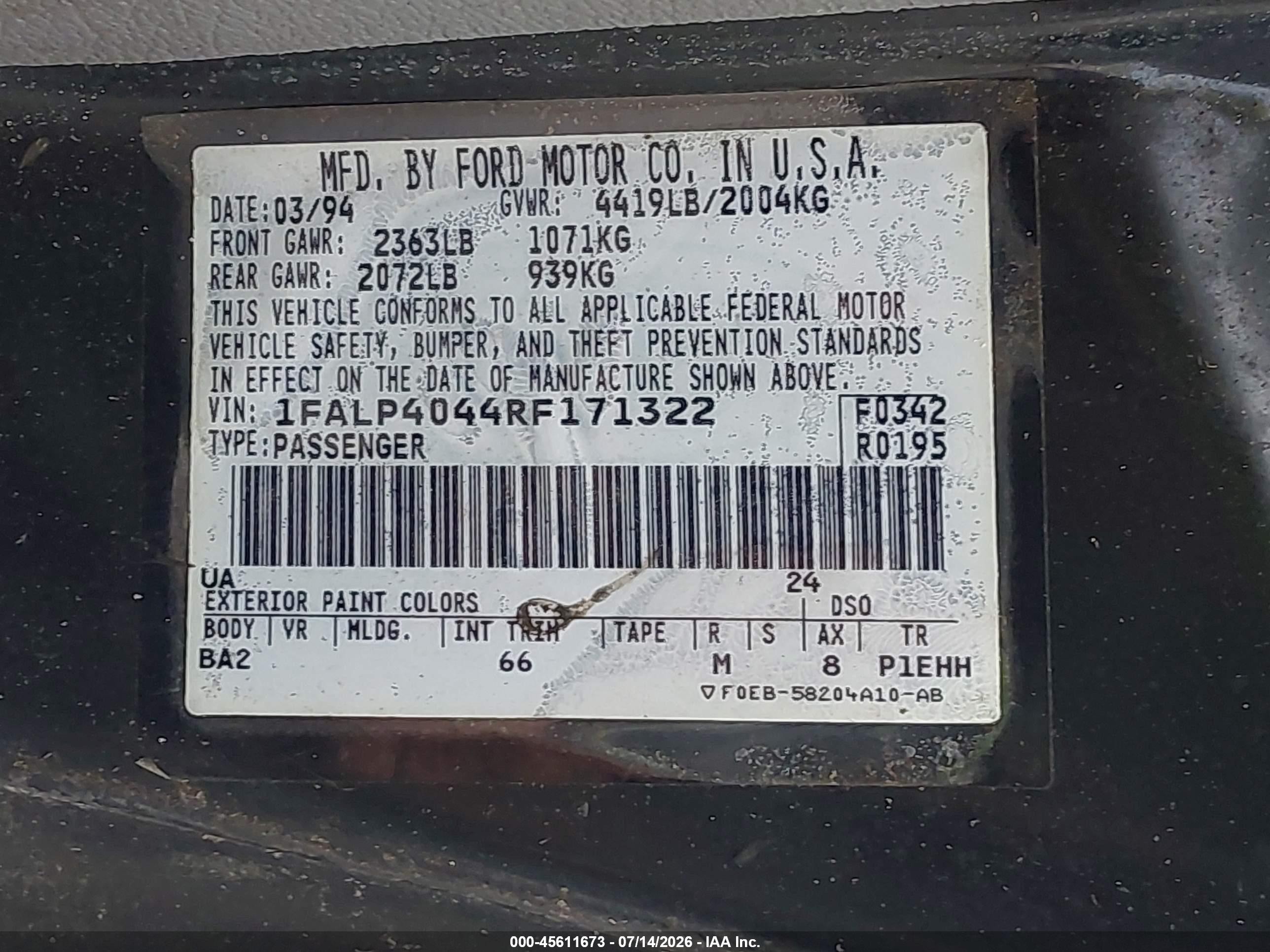 1994 Ford Mustang   Черный vin: 1FALP4044RF171322