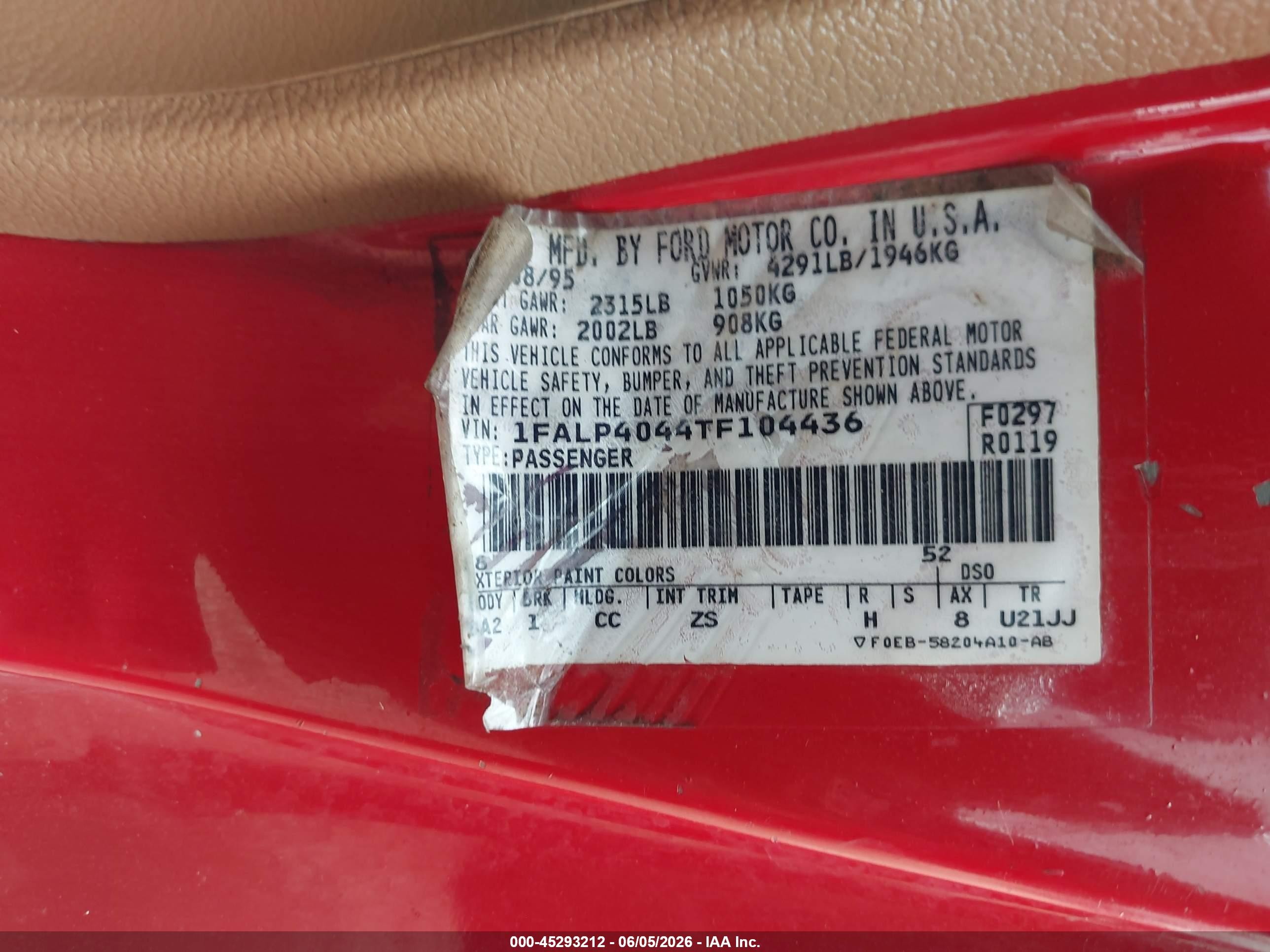 1996 Ford Mustang   Red vin: 1FALP4044TF104436
