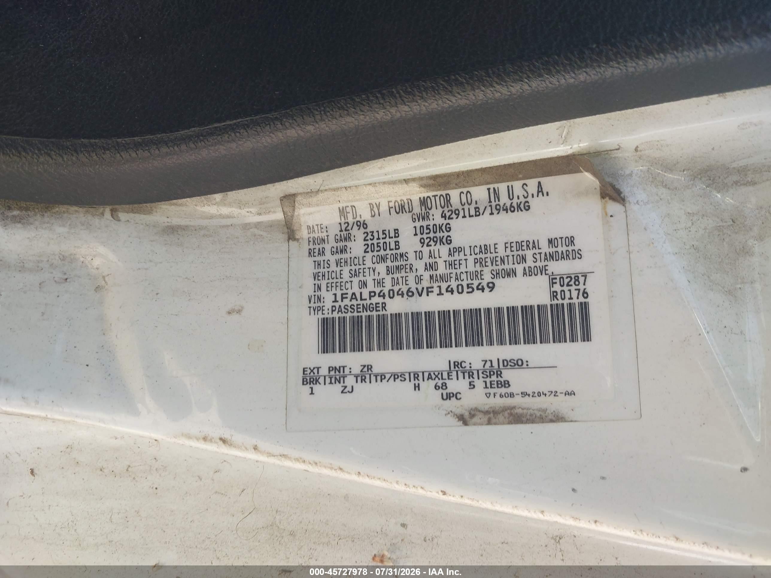 1997 Ford Mustang   White vin: 1FALP4046VF140549