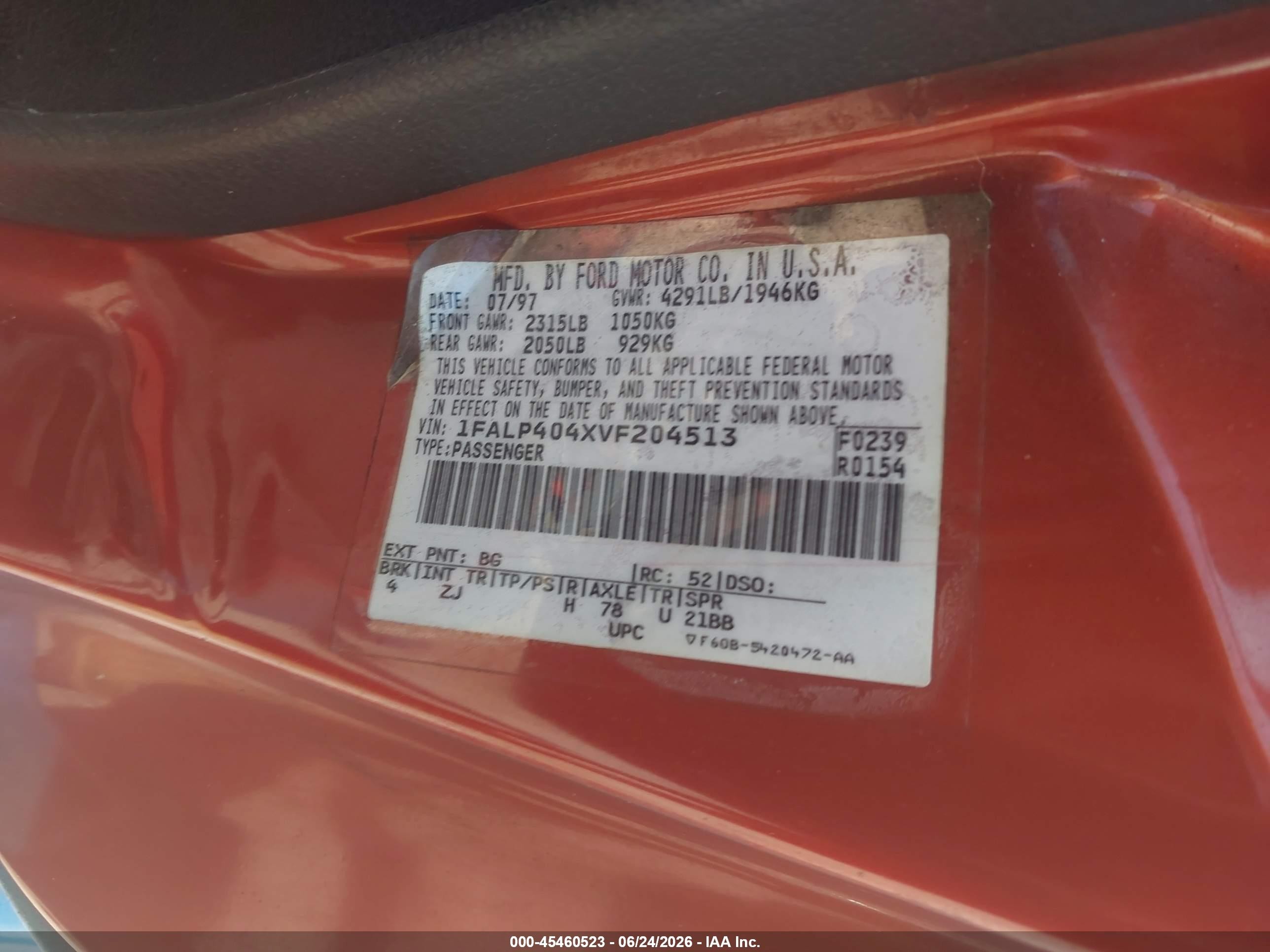 1997 Ford Mustang   Синий vin: 1FALP404XVF204513