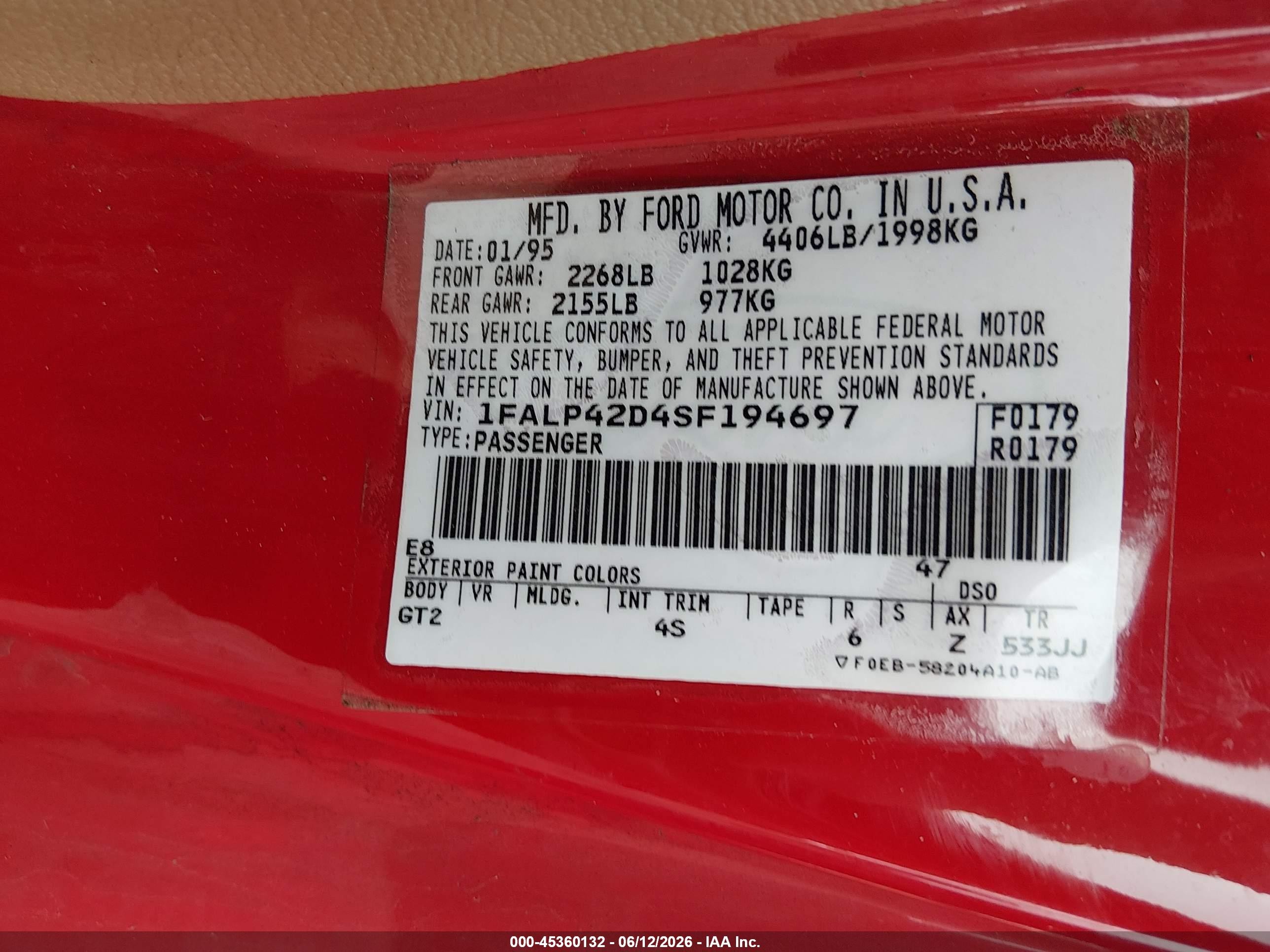1995 Ford Mustang Cobra Svt Red vin: 1FALP42D4SF194697