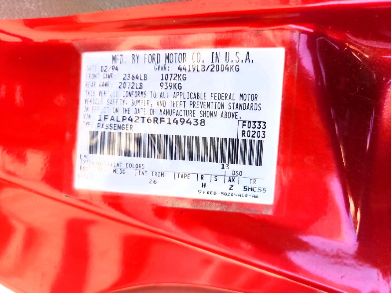 1994 Ford Mustang Red vin: 1FALP42T6RF149438