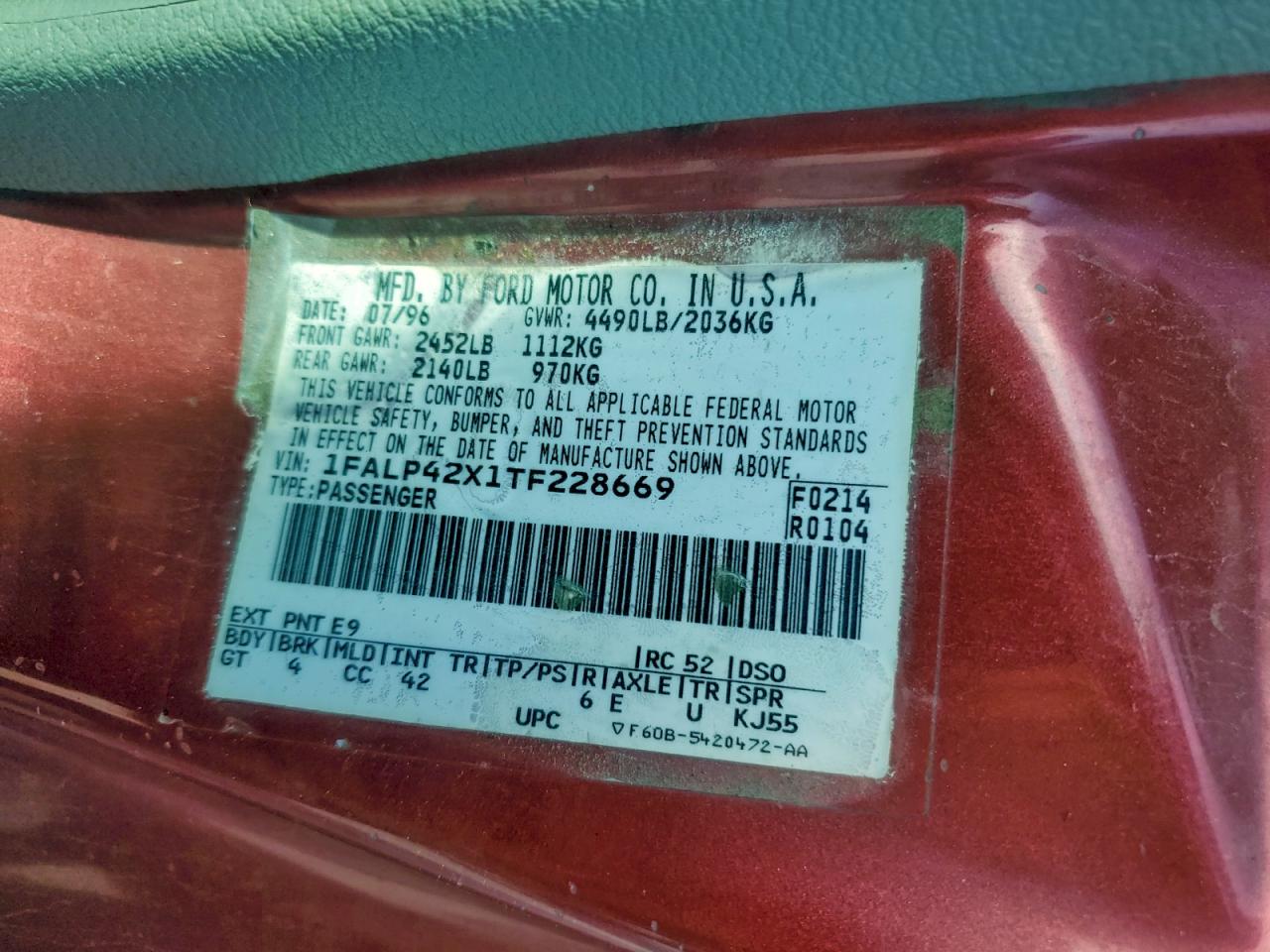 1996 Ford Mustang Gt Red vin: 1FALP42X1TF228669