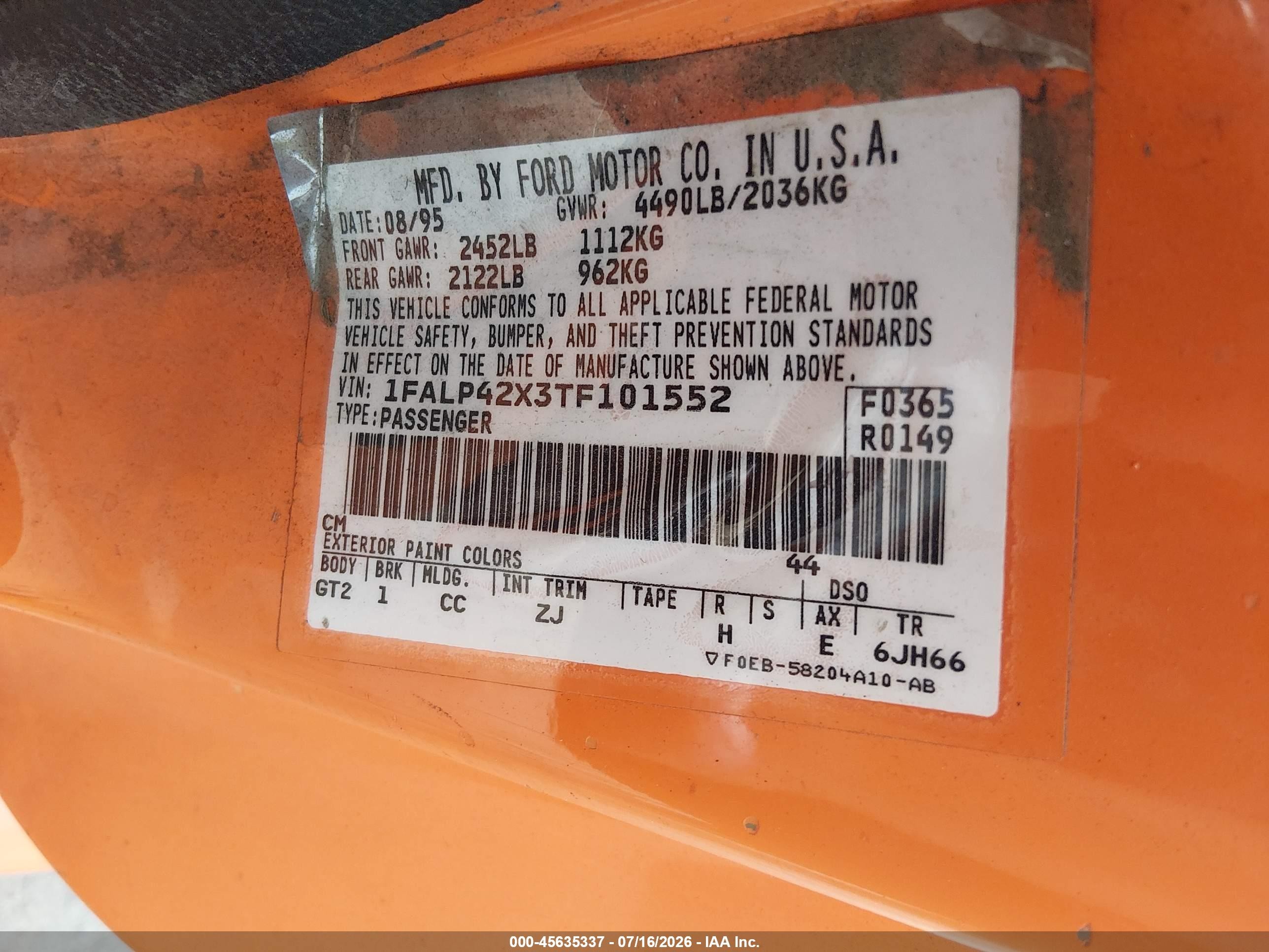 1996 Ford Mustang Gt Orange vin: 1FALP42X3TF101552