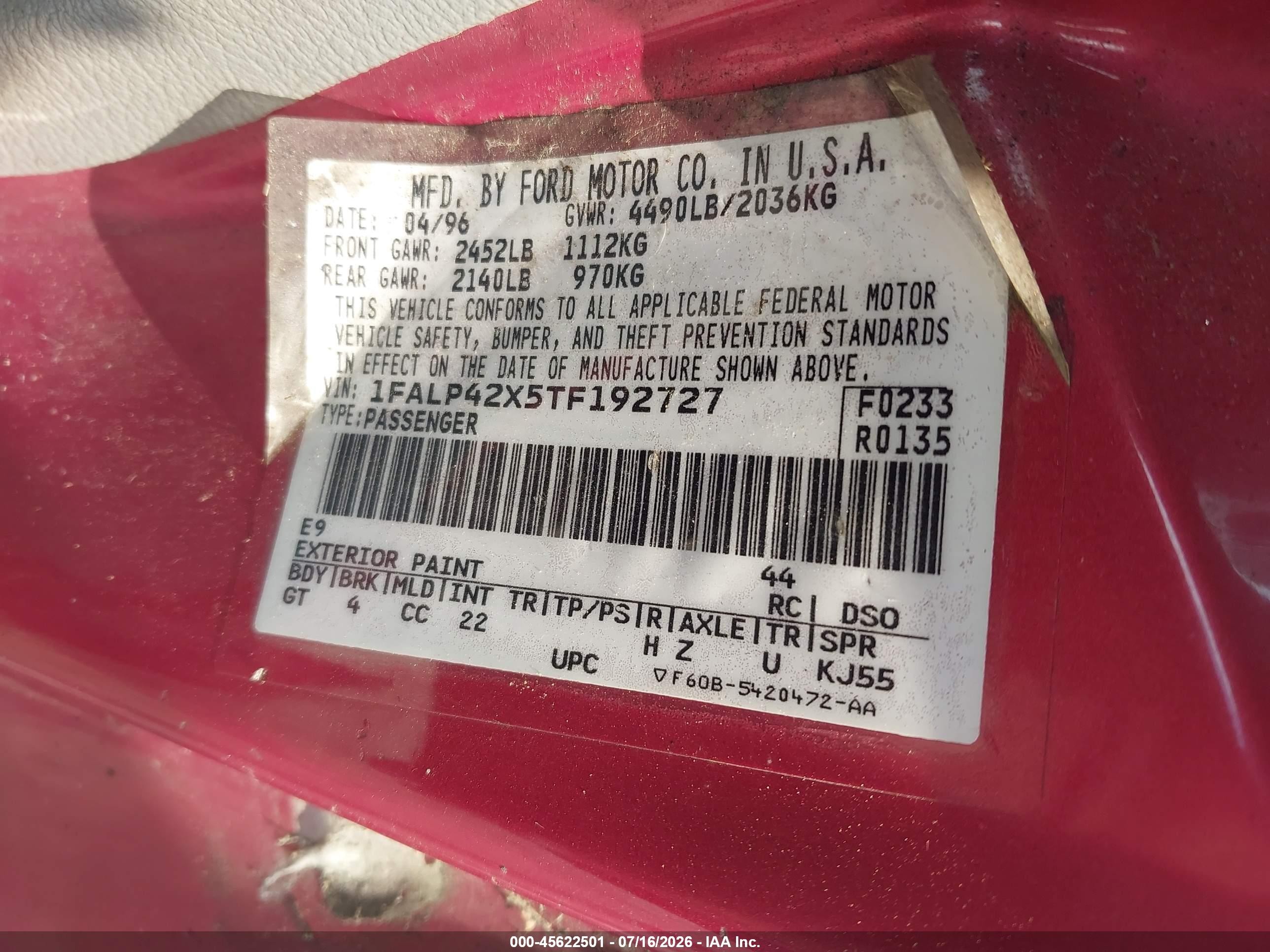 1996 Ford Mustang Gt Red vin: 1FALP42X5TF192727