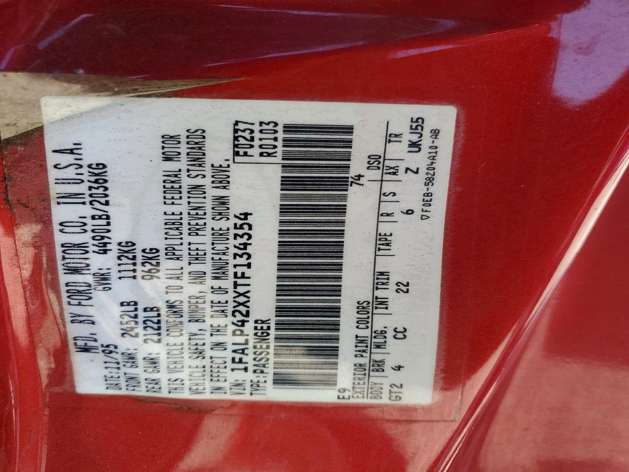 1996 Ford Mustang Gt Red vin: 1FALP42XXTF134354
