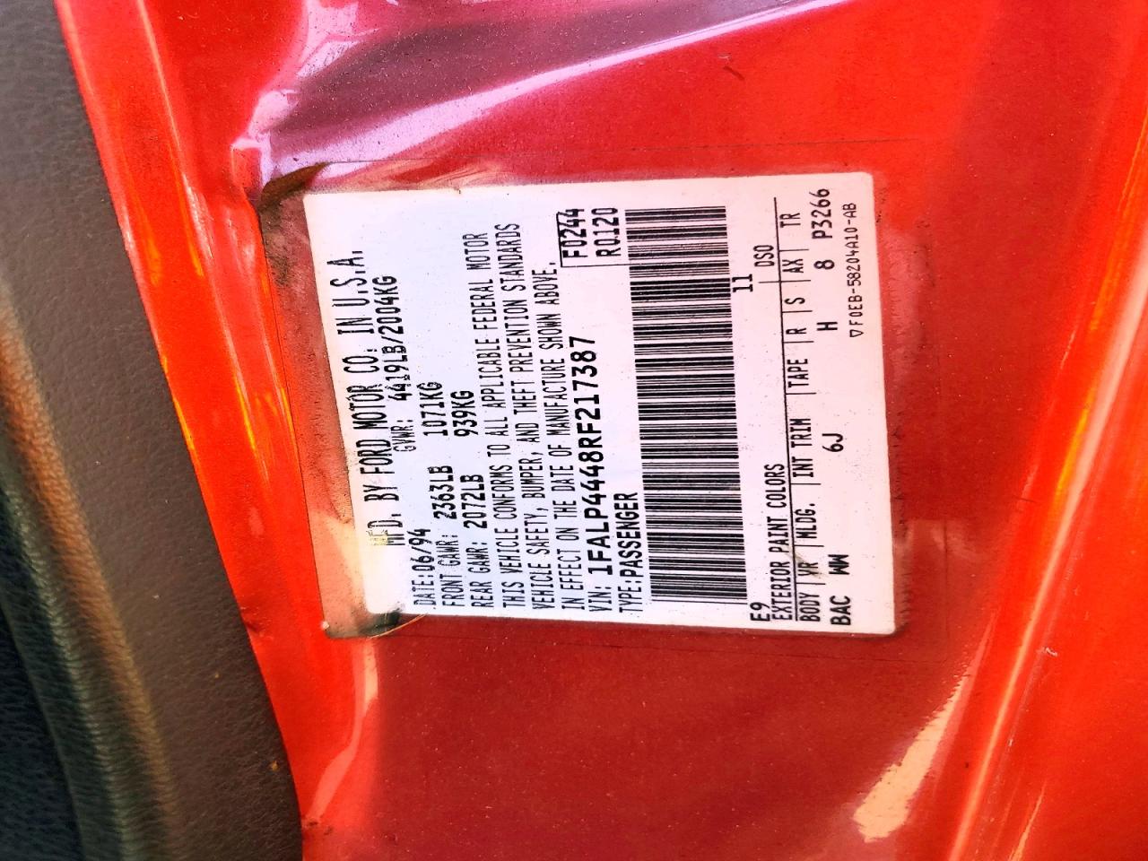 1994 Ford Mustang Red vin: 1FALP4448RF217387