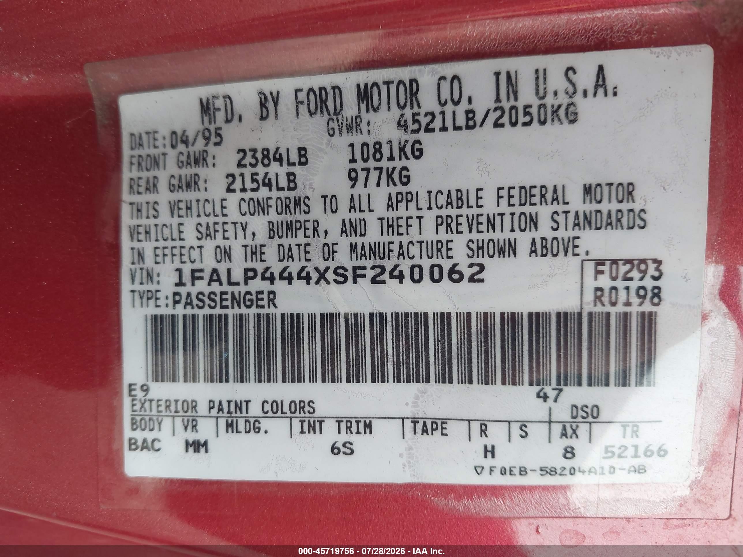 1995 Ford Mustang   Red vin: 1FALP444XSF240062