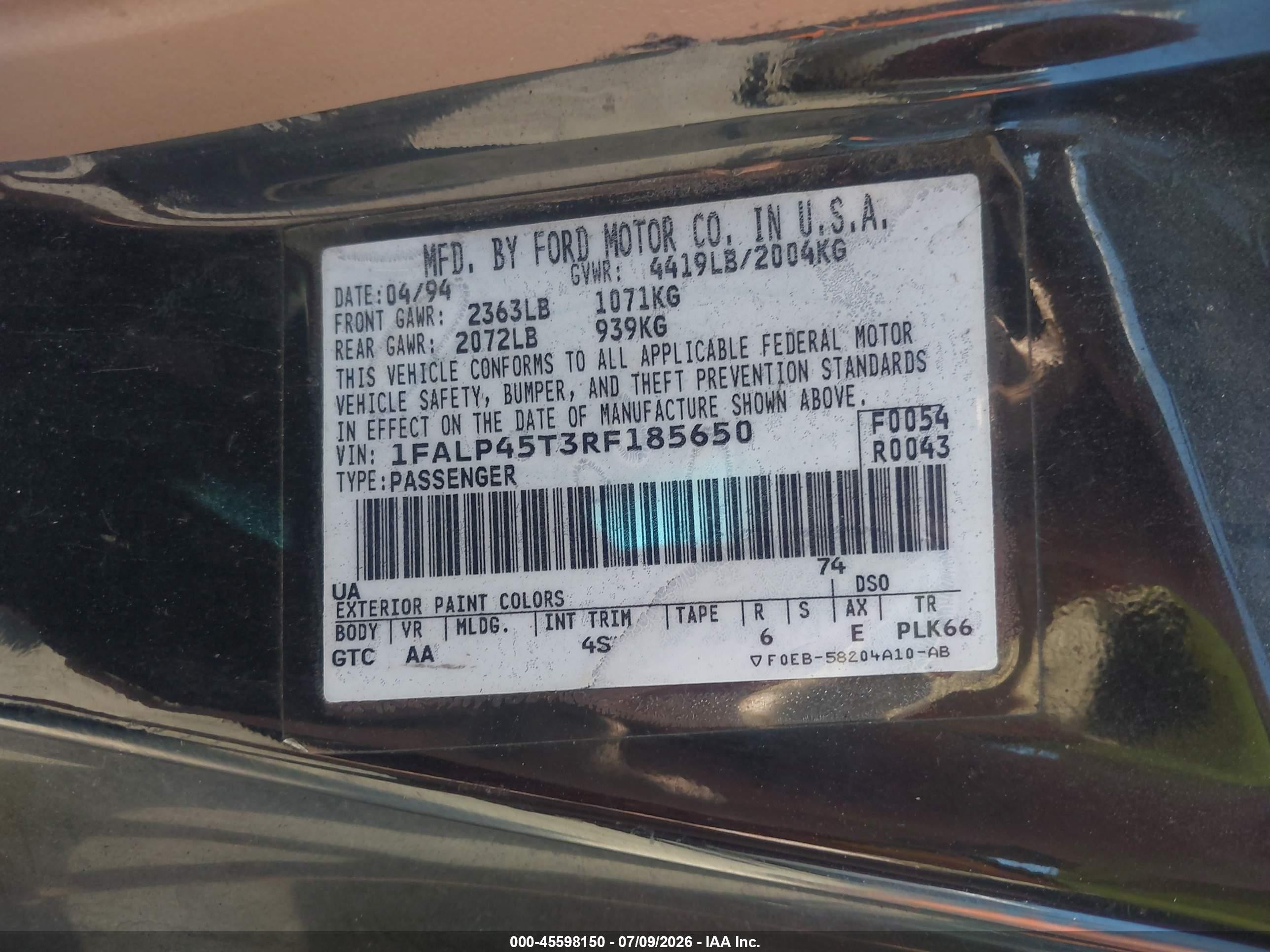 1994 Ford Mustang Gt Black vin: 1FALP45T3RF185650