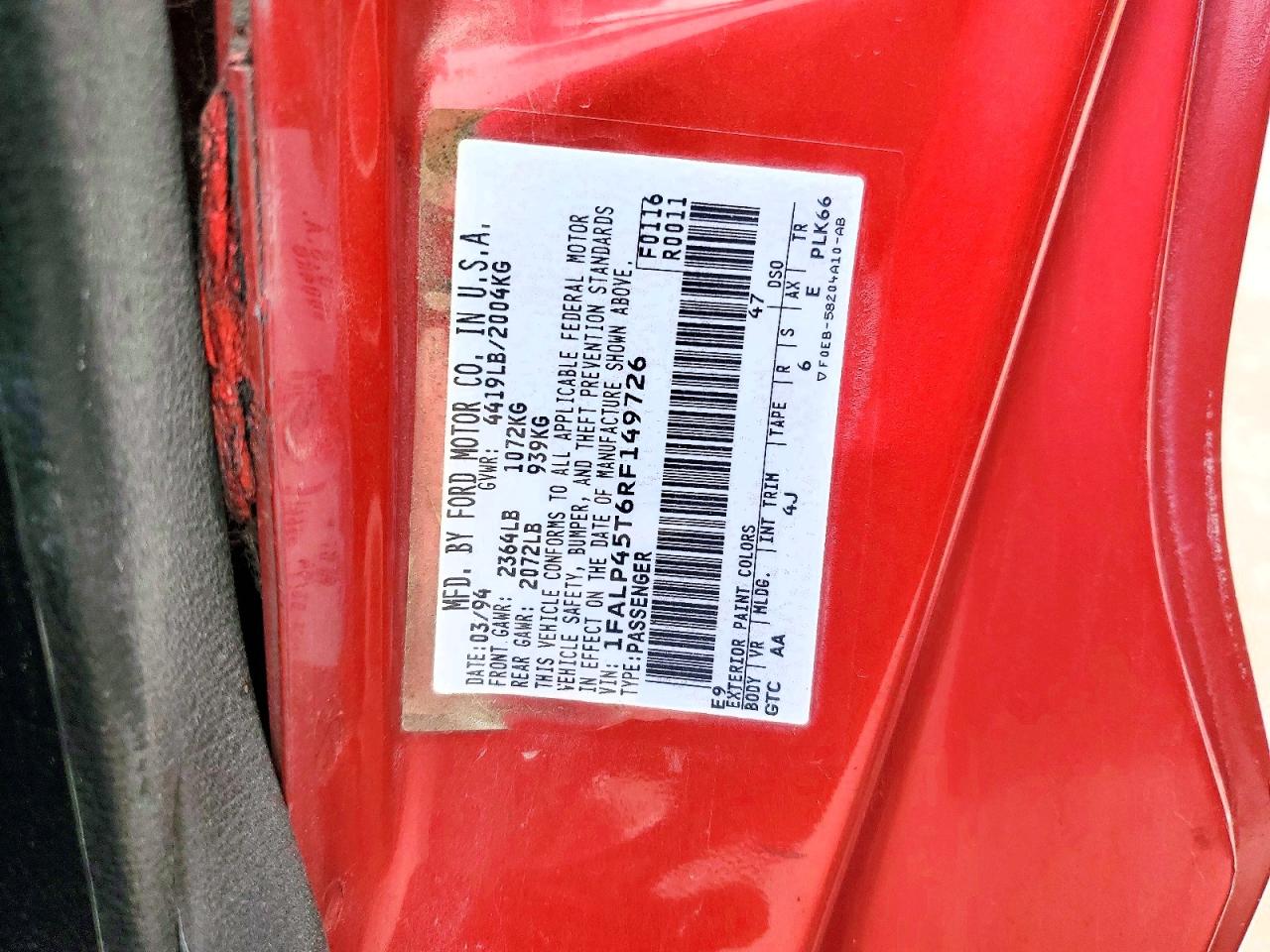 1994 Ford Mustang Gt Red vin: 1FALP45T6RF149726