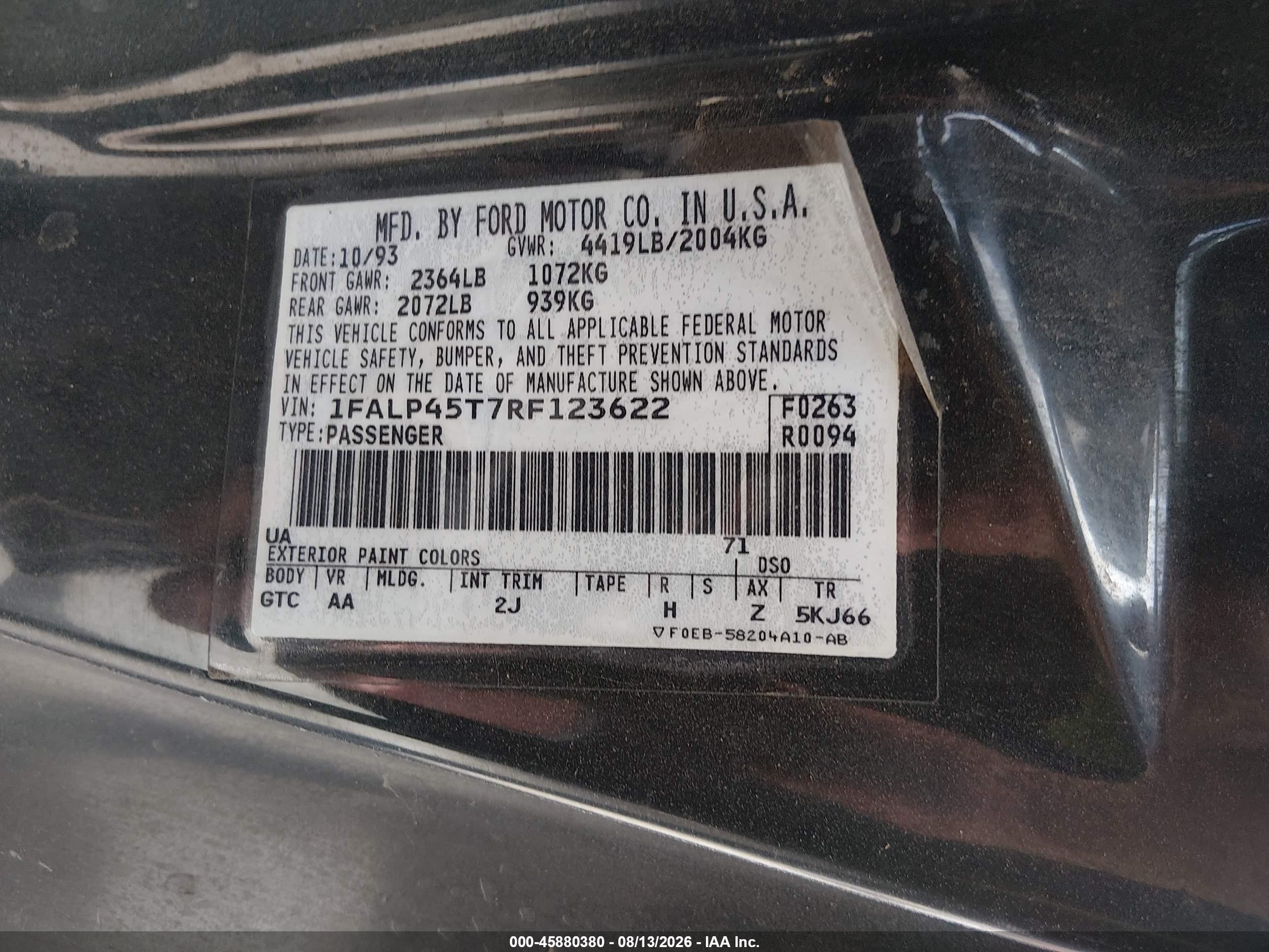 1994 Ford Mustang Gt Черный vin: 1FALP45T7RF123622