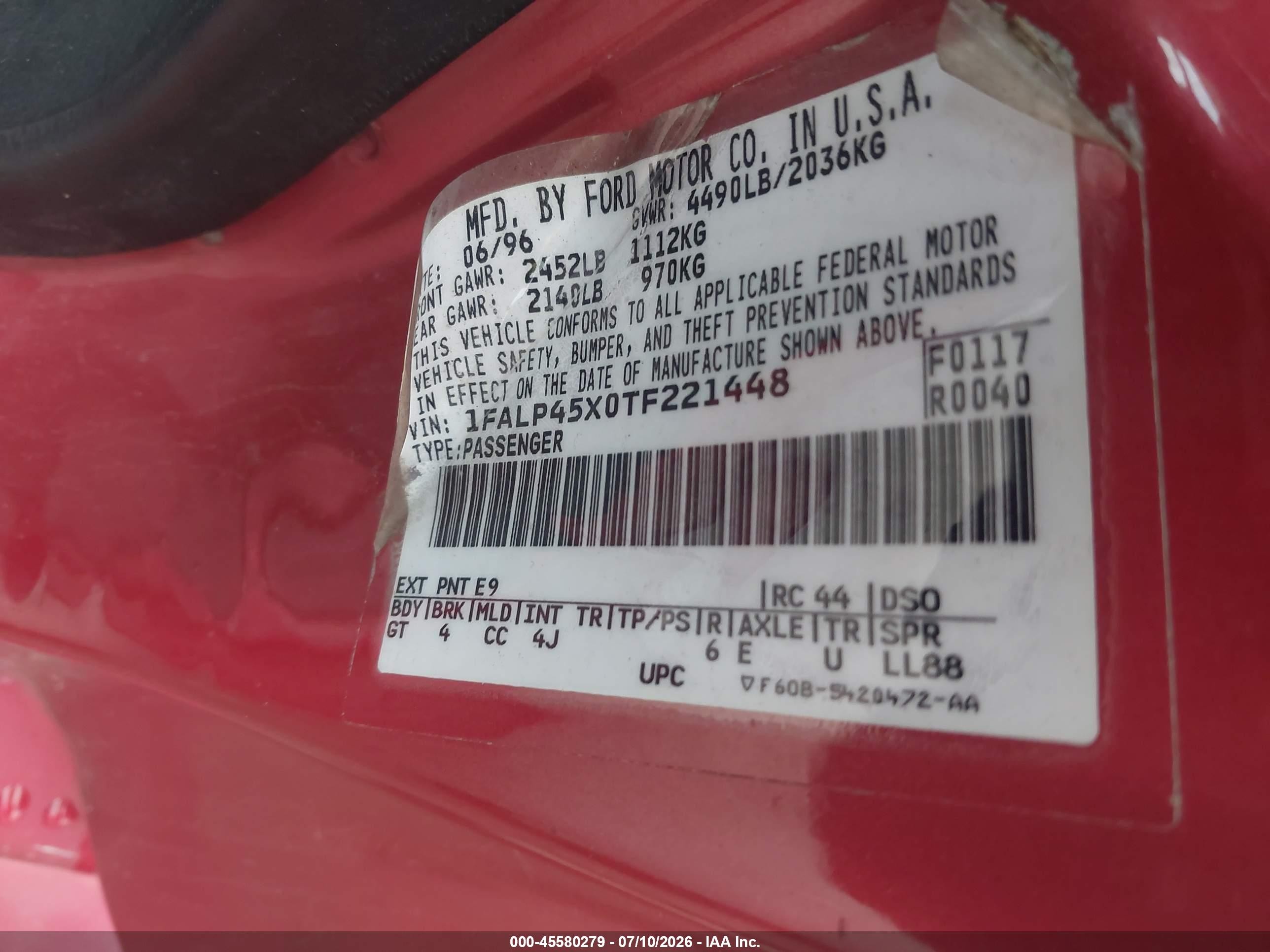 1996 Ford Mustang Gt Red vin: 1FALP45X0TF221448