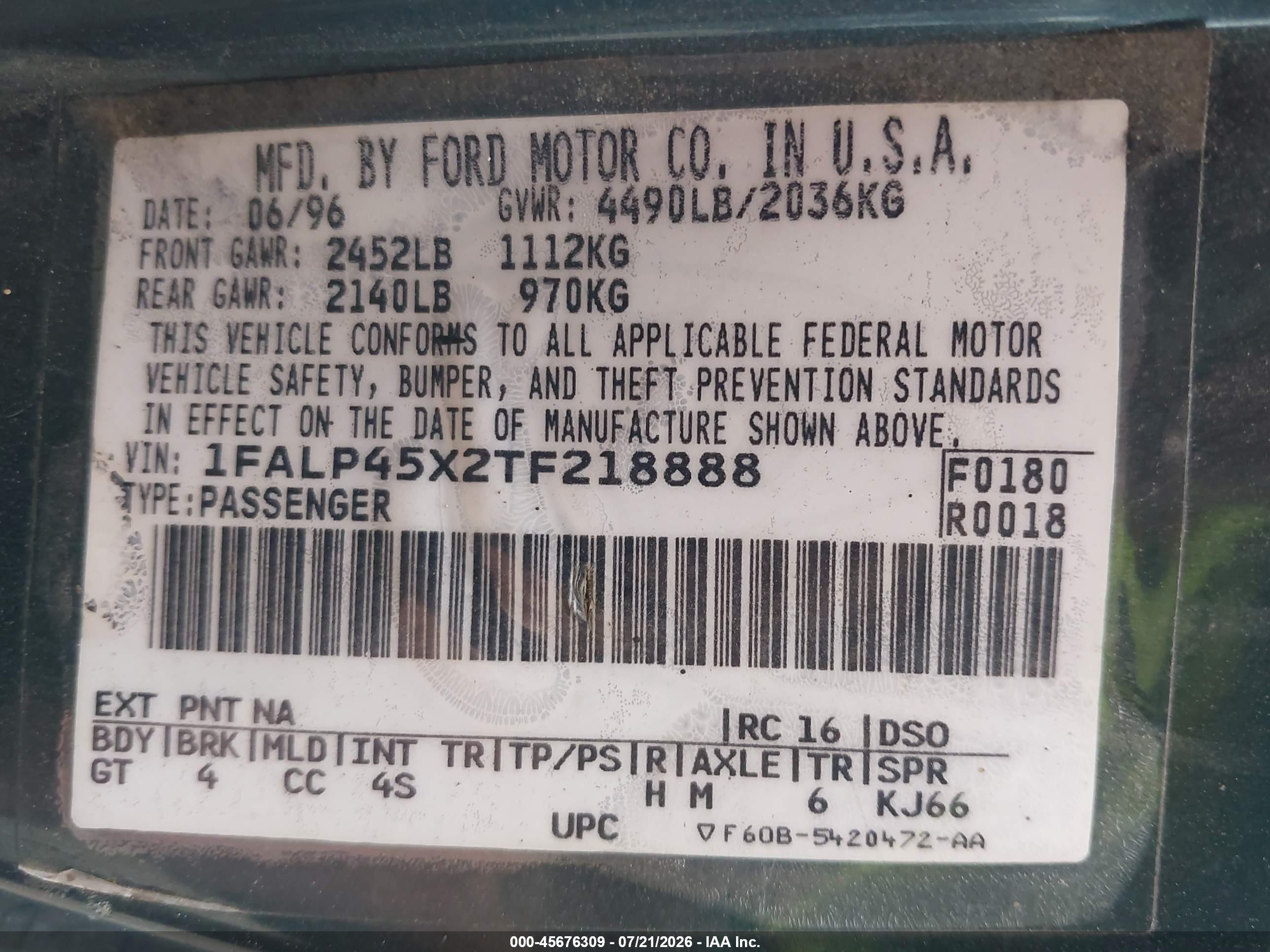 1996 Ford Mustang Gt Зеленый vin: 1FALP45X2TF218888