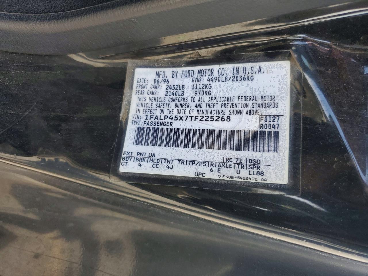 1996 Ford Mustang Gt Black vin: 1FALP45X7TF225268