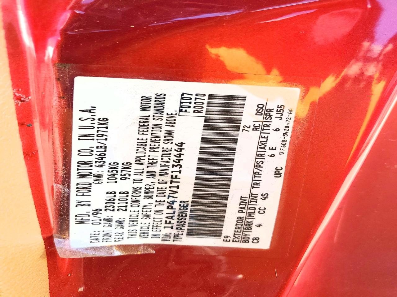1996 Ford Mustang Cobra Red vin: 1FALP47V1TF134444