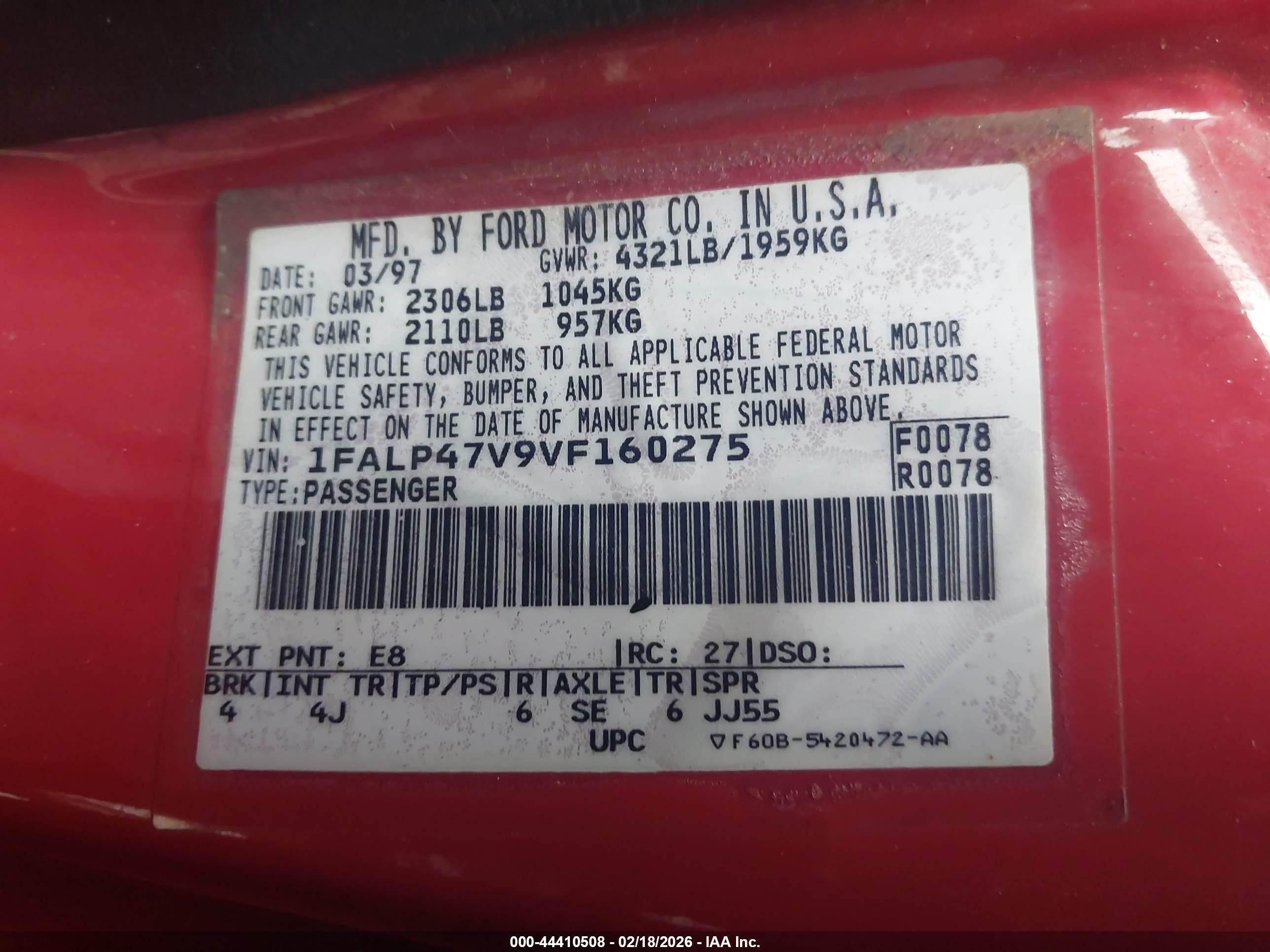 1997 Ford Mustang Cobra Red vin: 1FALP47V9VF160275