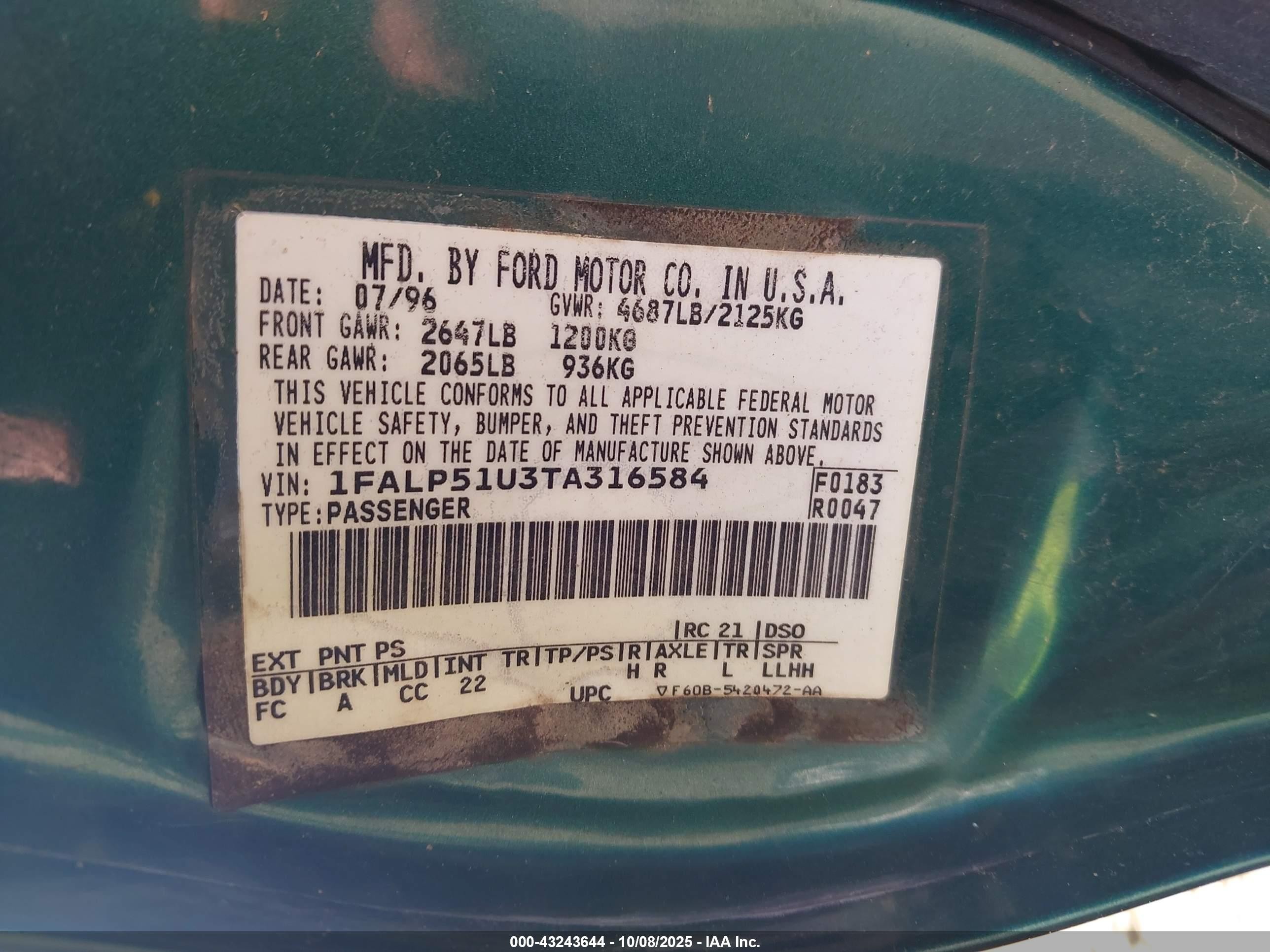 1996 Ford Taurus G Зеленый vin: 1FALP51U3TA316584