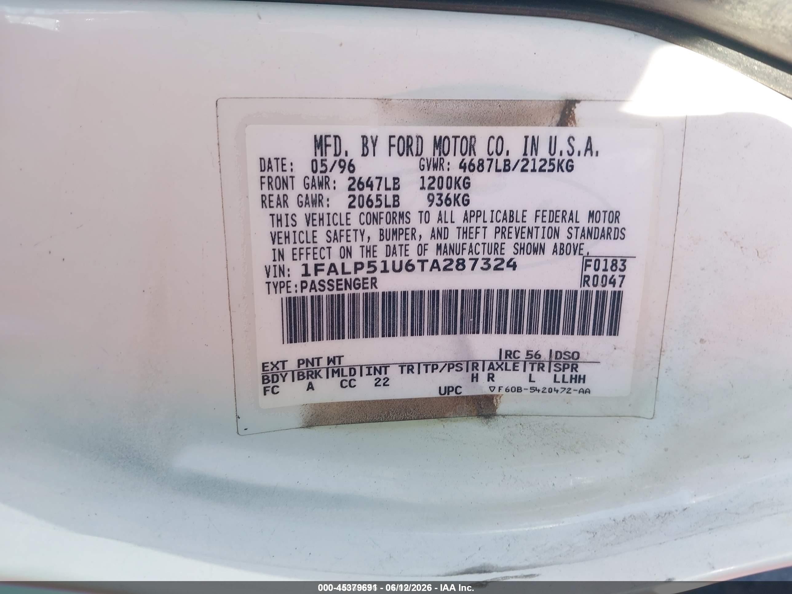 1996 Ford Taurus G White vin: 1FALP51U6TA287324