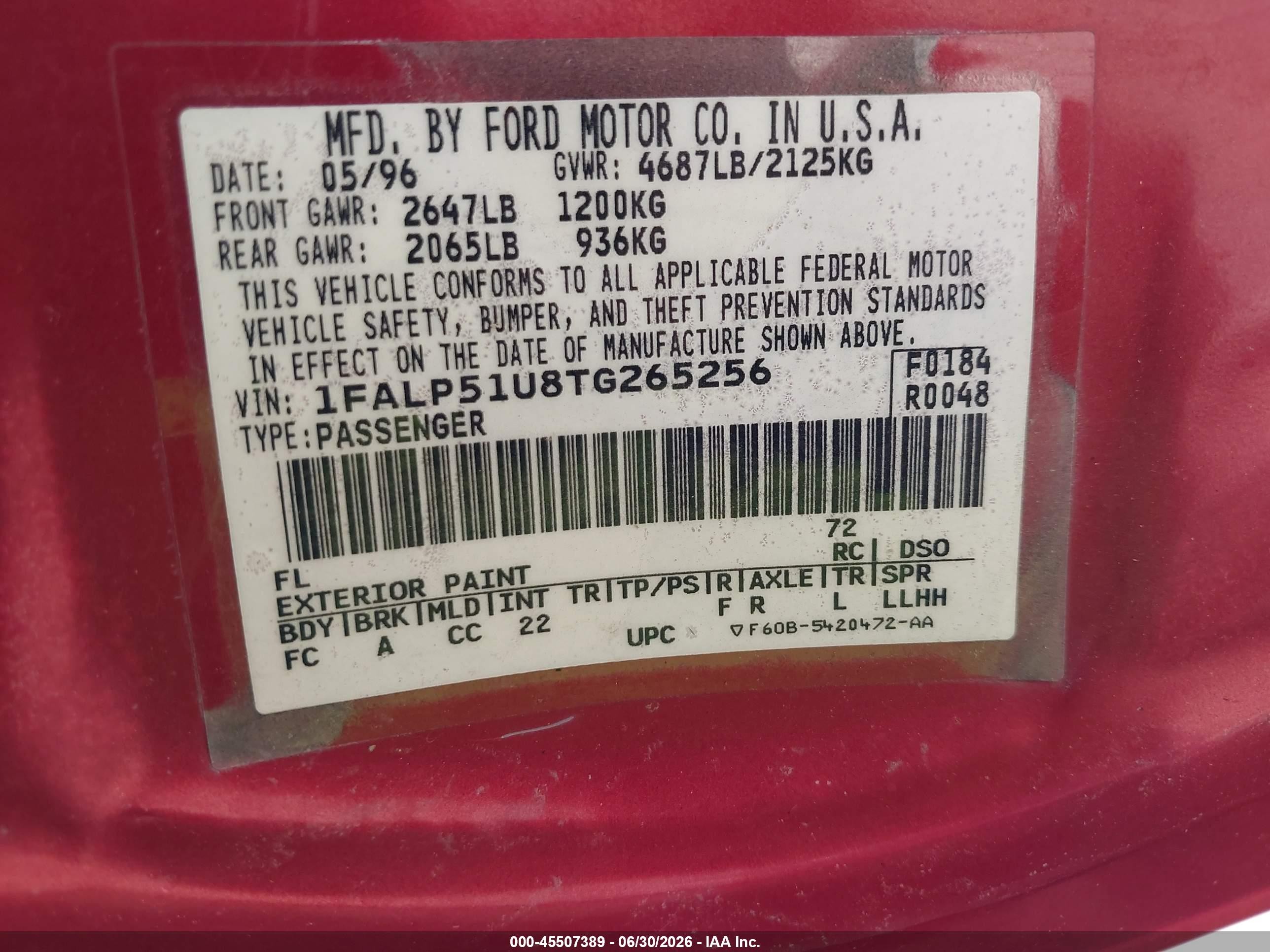 1996 Ford Taurus G Red vin: 1FALP51U8TG265256