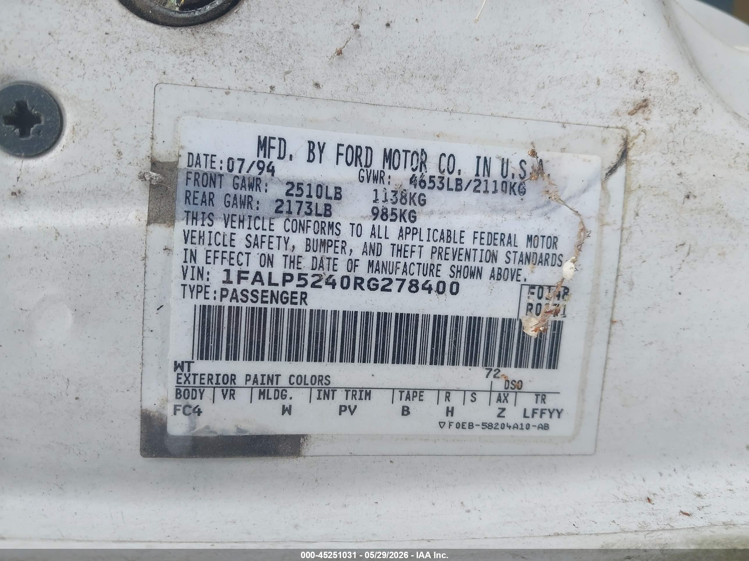 1994 Ford Taurus Gl White vin: 1FALP5240RG278400