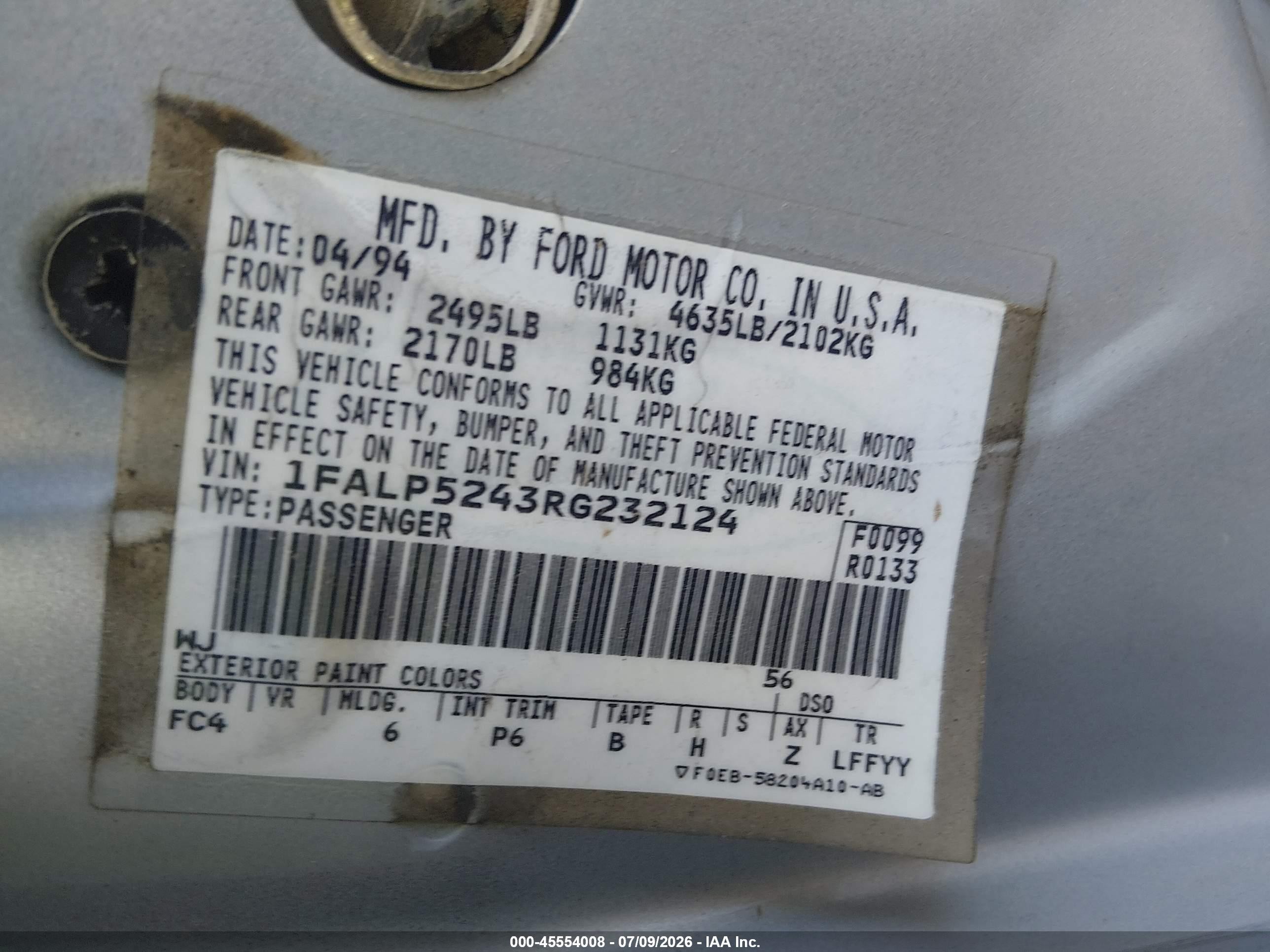 1994 Ford Taurus Gl Silver vin: 1FALP5243RG232124