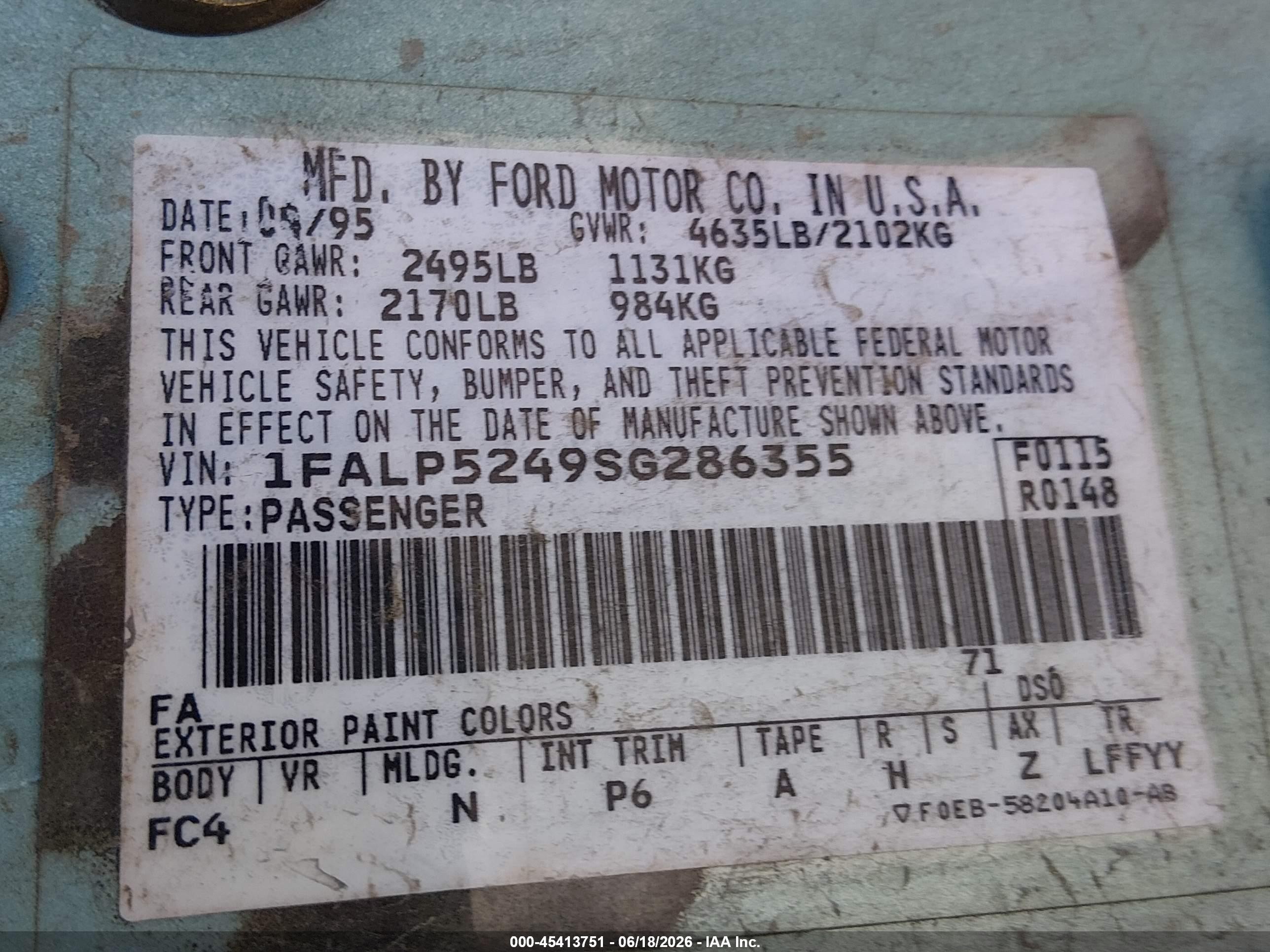 1995 Ford Taurus Gl/se Light Blue vin: 1FALP5249SG286355