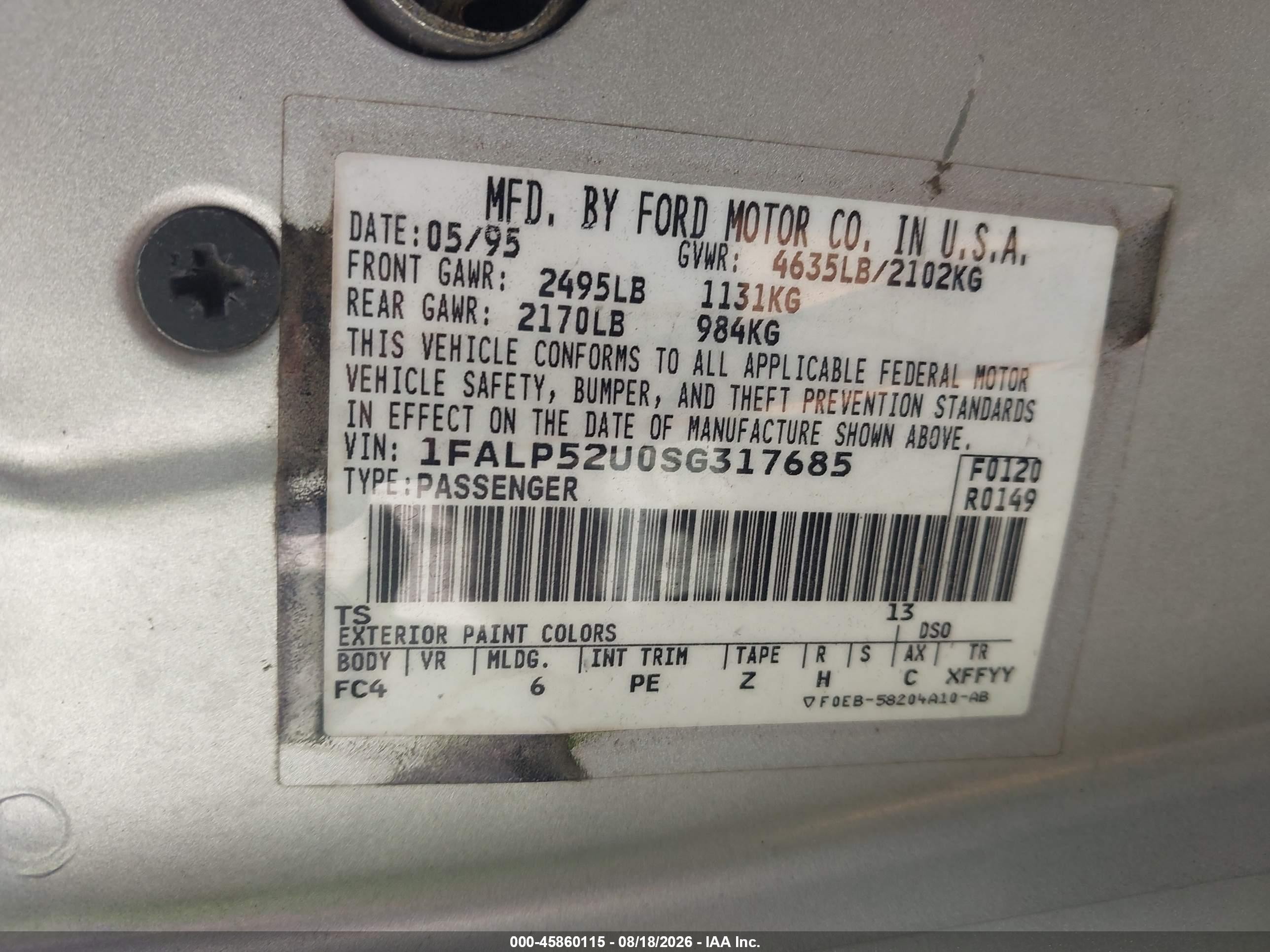 1995 Ford Taurus Gl/se Silver vin: 1FALP52U0SG317685