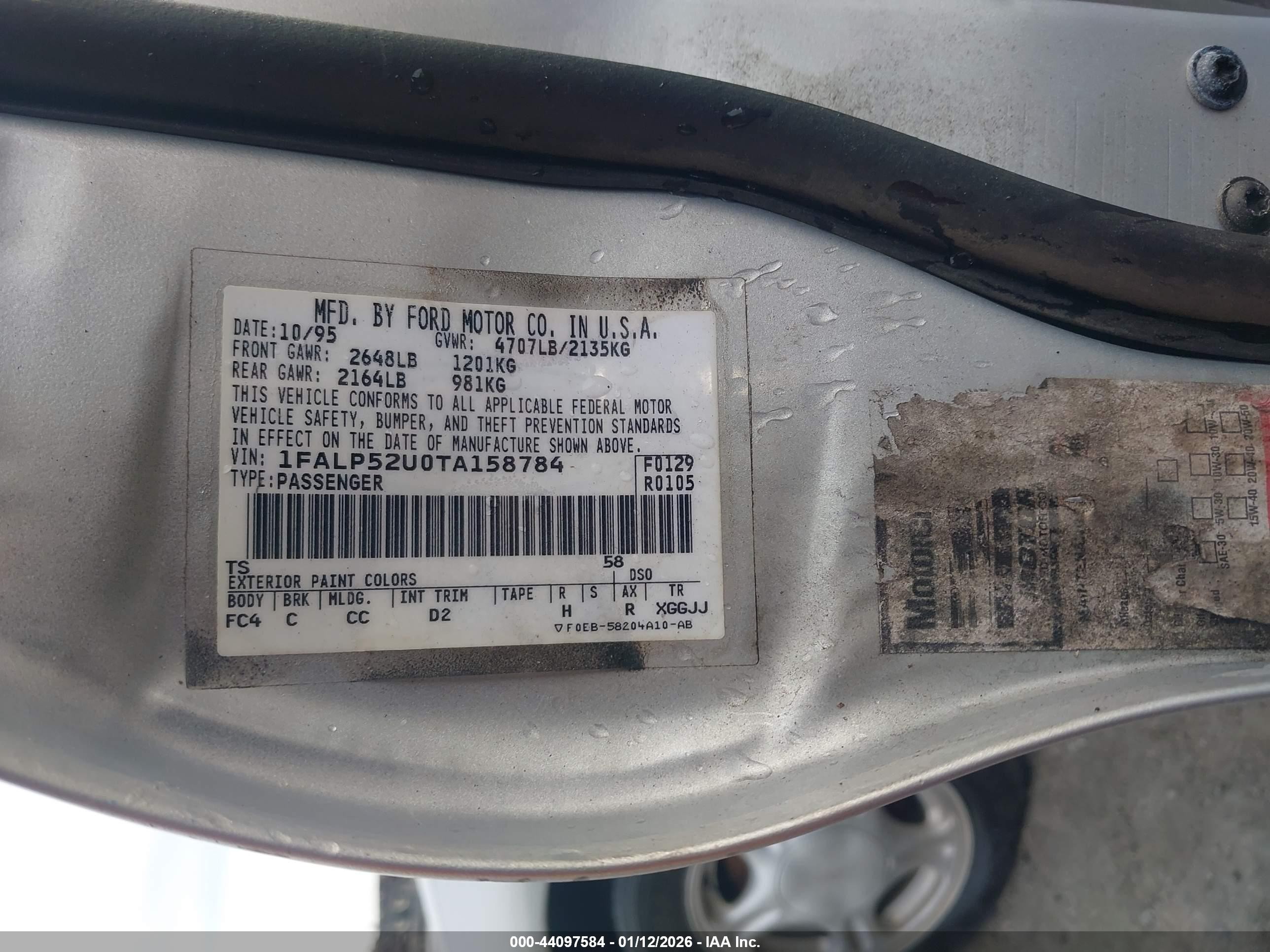1996 Ford Taurus Gl Silver vin: 1FALP52U0TA158784