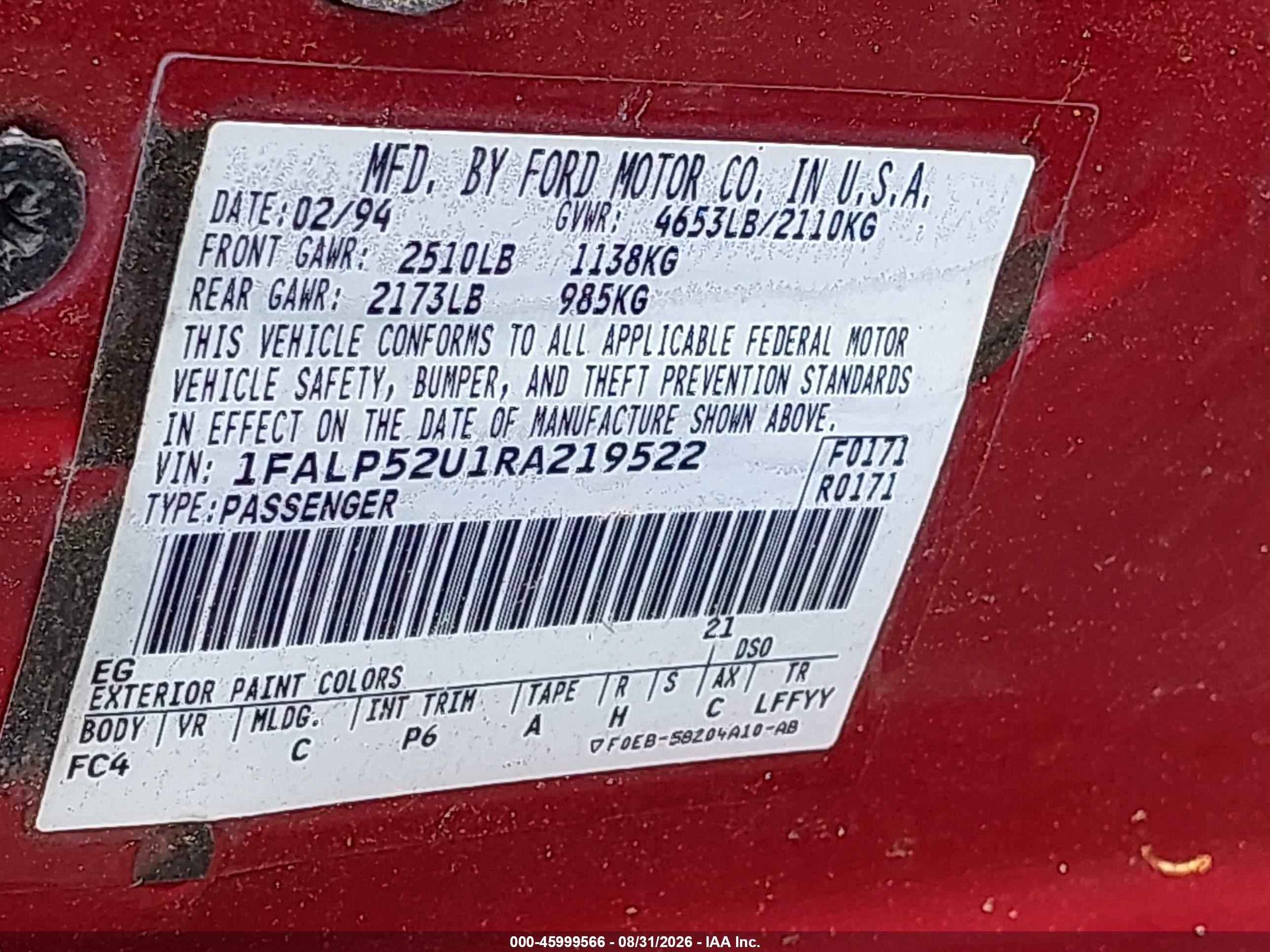 1994 Ford Taurus Gl Red vin: 1FALP52U1RA219522