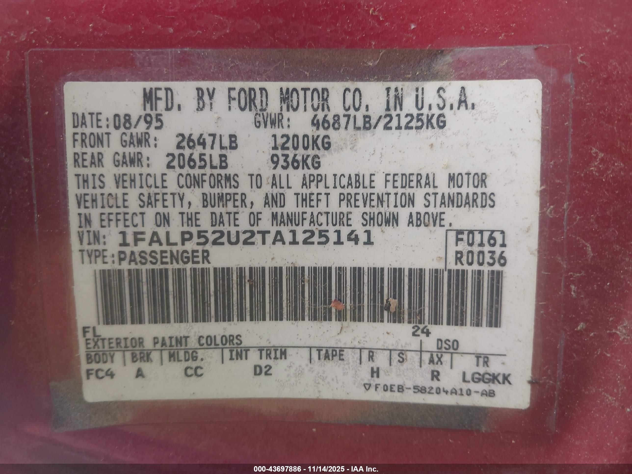 1996 Ford Taurus Gl Burgundy vin: 1FALP52U2TA125141