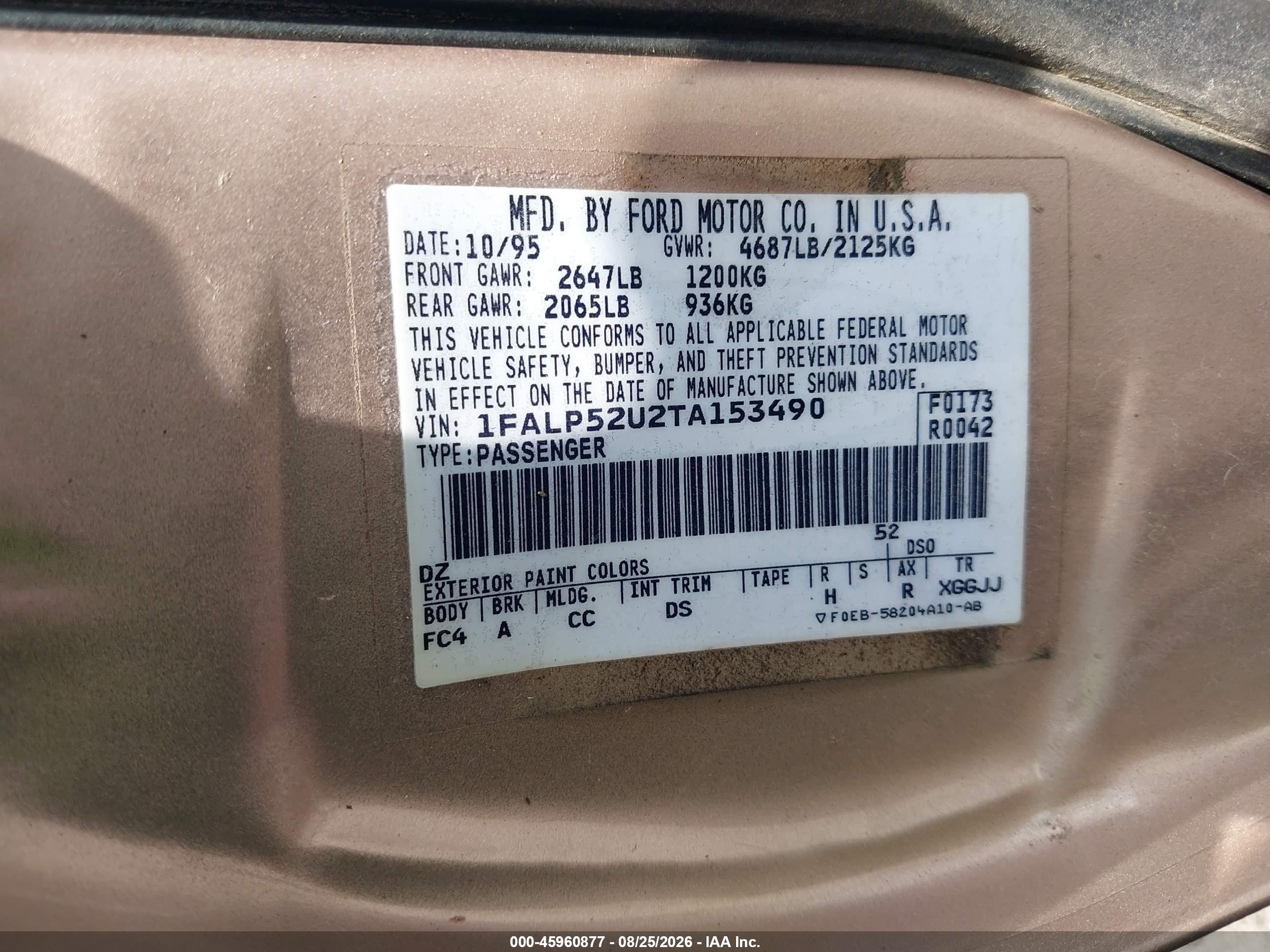 1996 Ford Taurus Gl Gold vin: 1FALP52U2TA153490