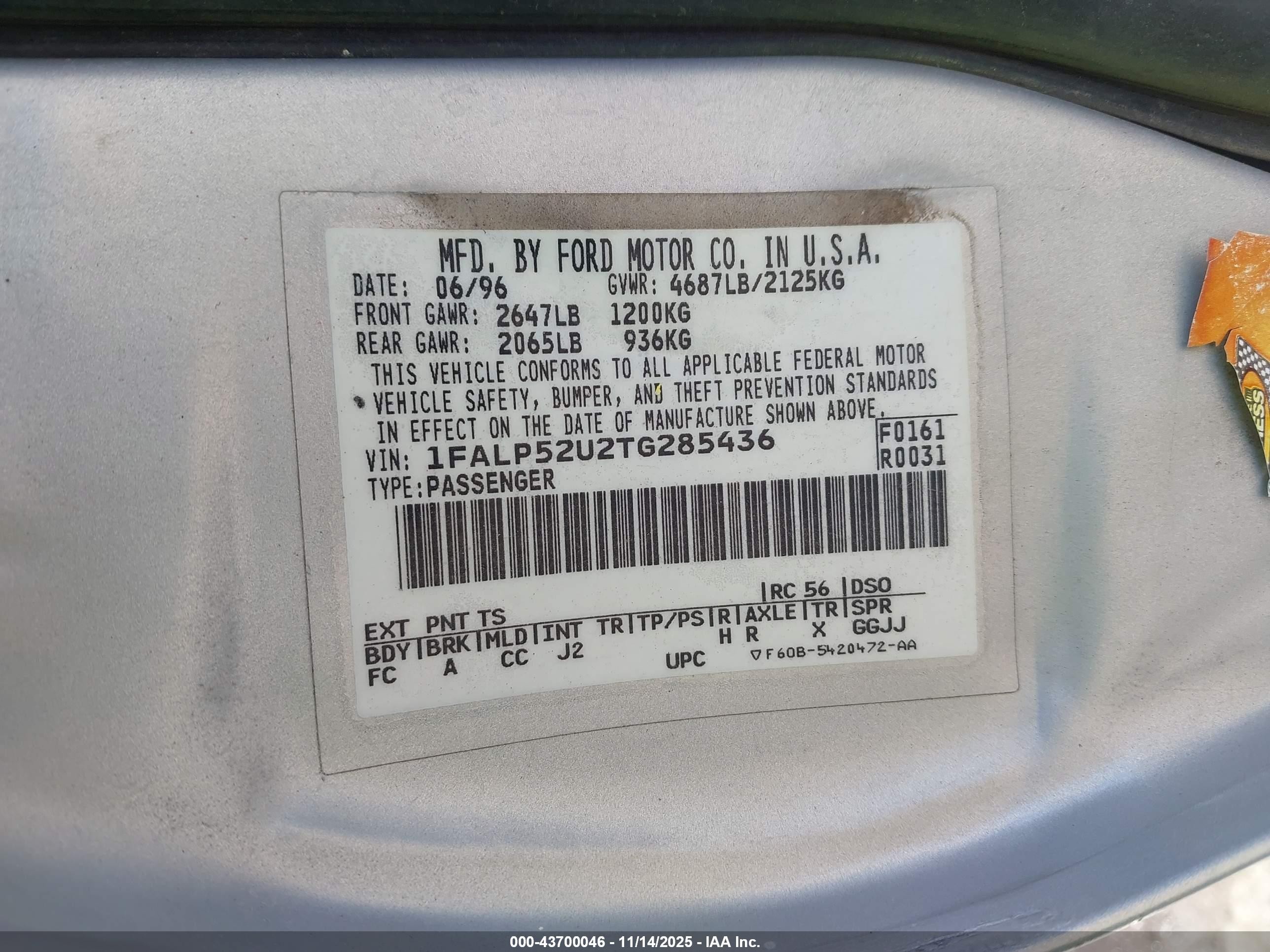 1996 Ford Taurus Gl Silver vin: 1FALP52U2TG285436