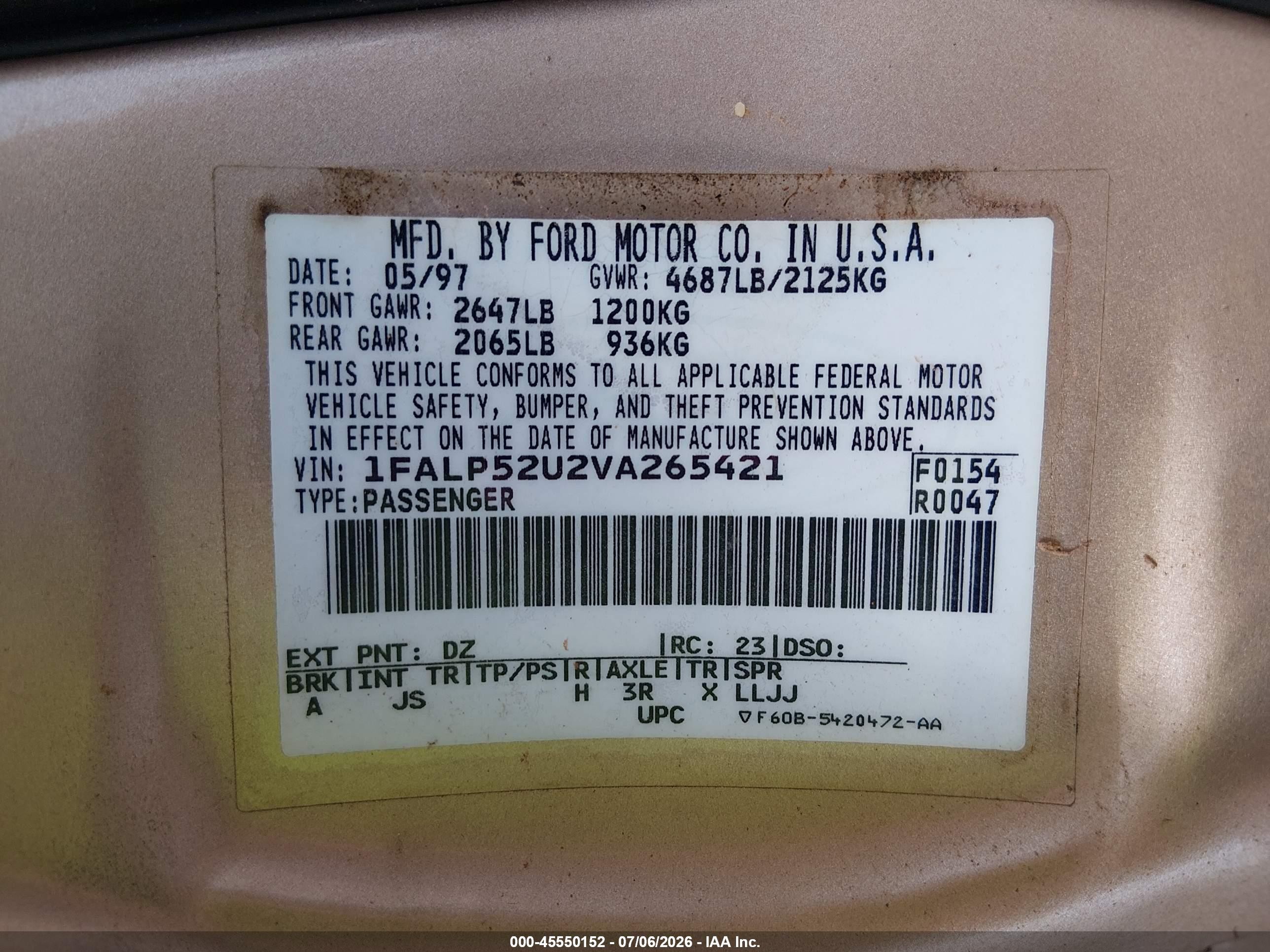 1997 Ford Taurus Gl Золотой vin: 1FALP52U2VA265421