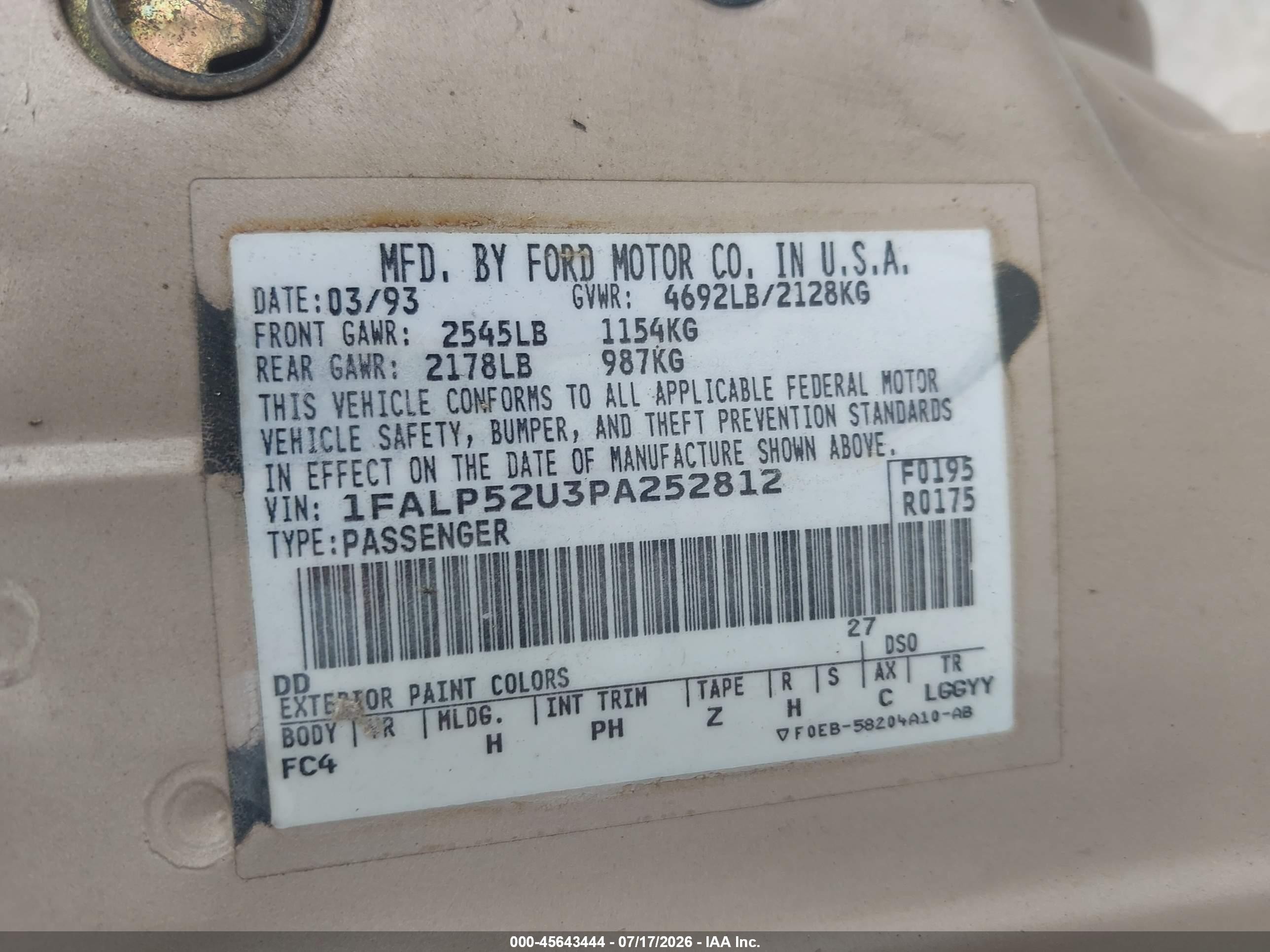1993 Ford Taurus Gl Gold vin: 1FALP52U3PA252812