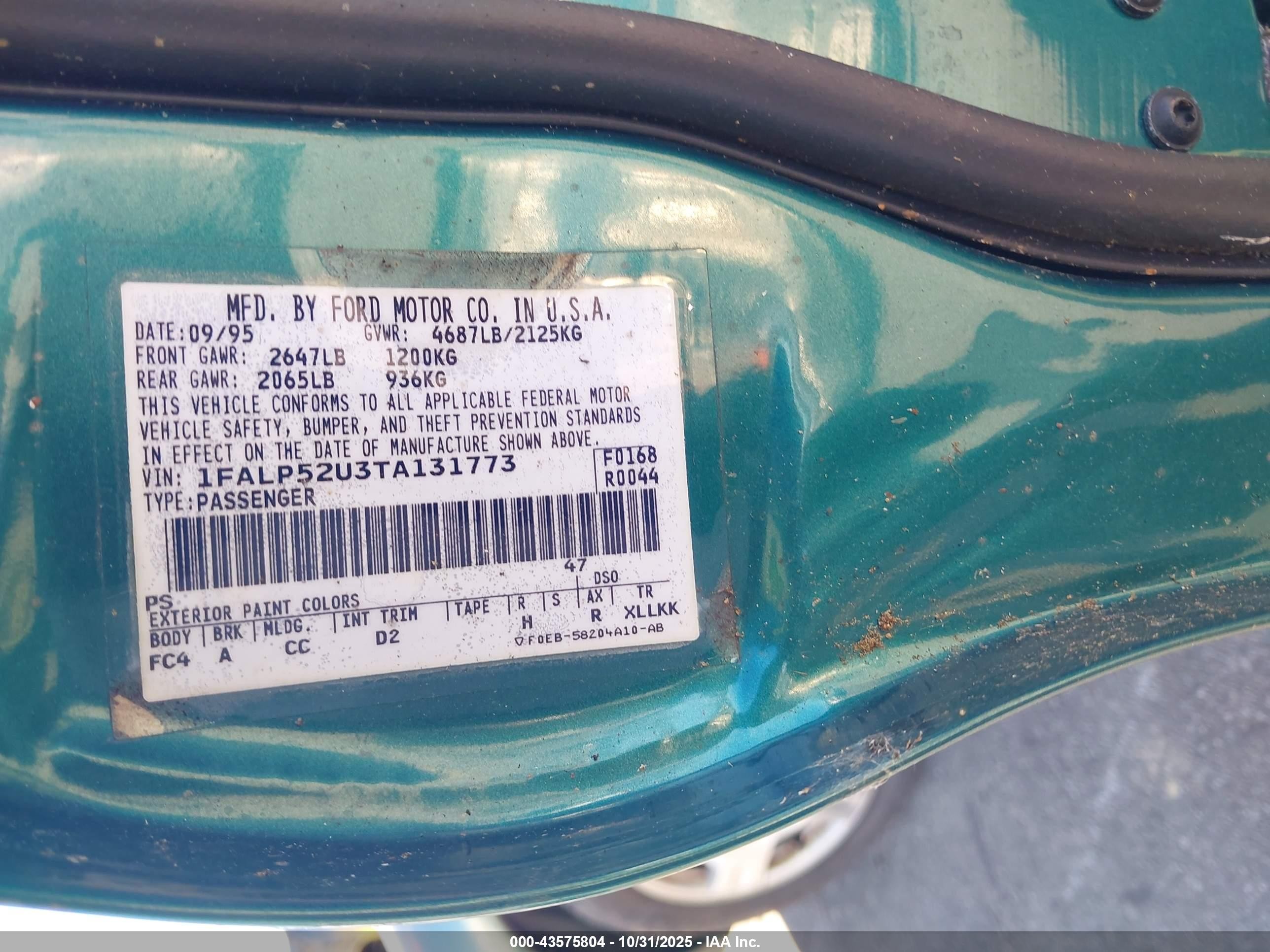1996 Ford Taurus Gl Green vin: 1FALP52U3TA131773