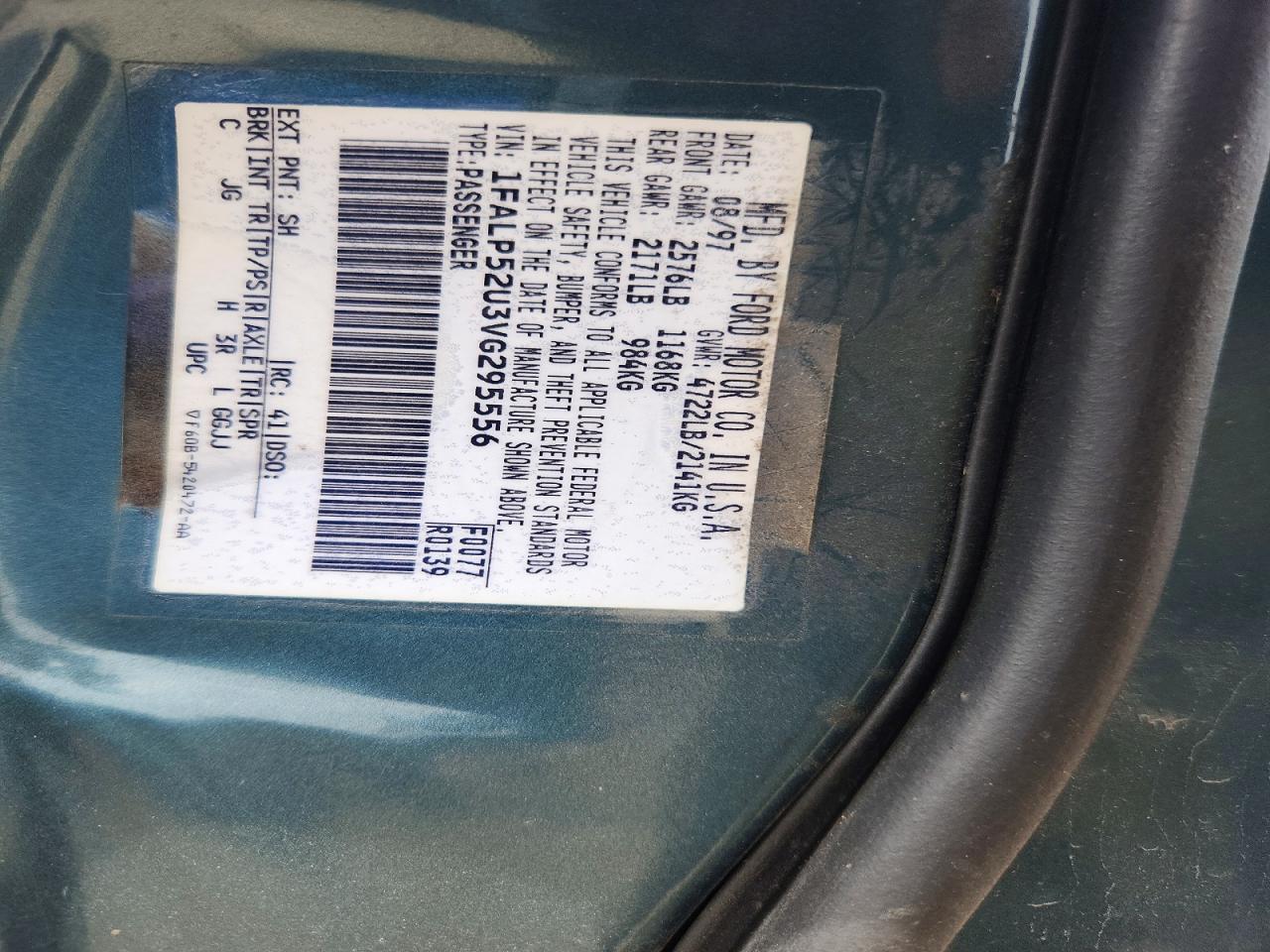 1997 Ford Taurus Gl Teal vin: 1FALP52U3VG295556