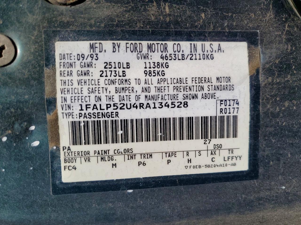1994 Ford Taurus Gl Green vin: 1FALP52U4RA134528