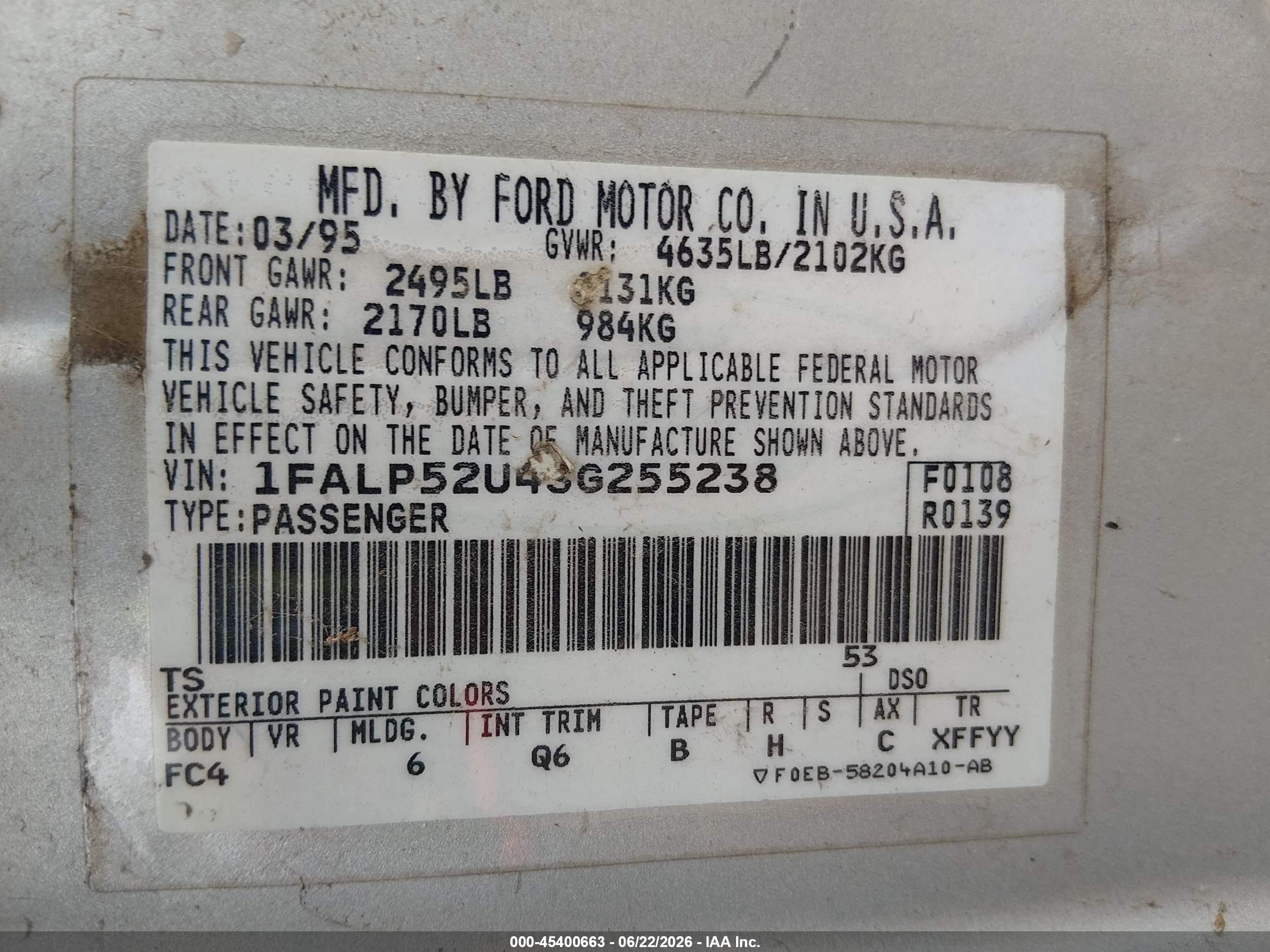 1995 Ford Taurus Gl/se Blue vin: 1FALP52U4SG255238