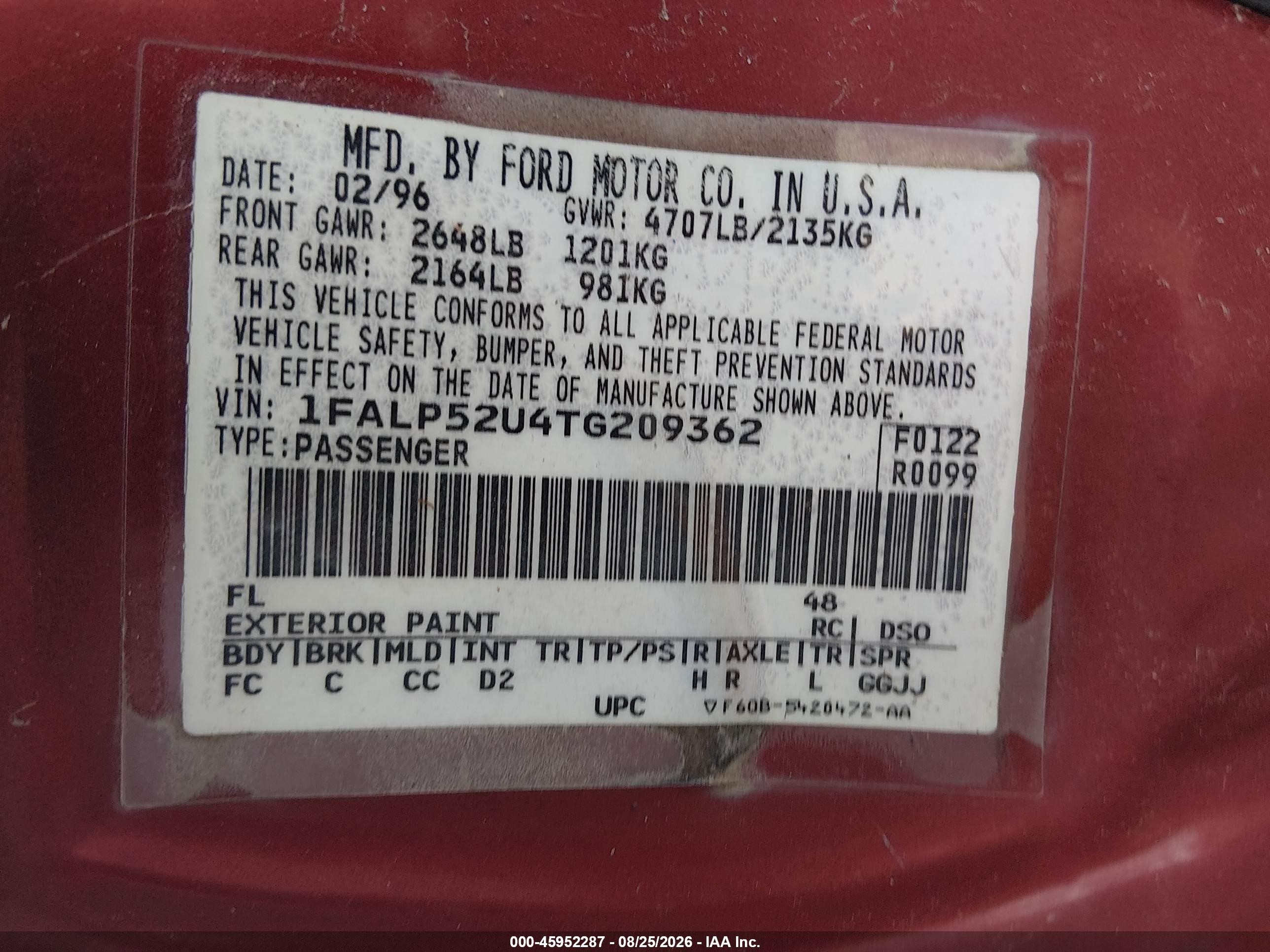 1996 Ford Taurus Gl Red vin: 1FALP52U4TG209362