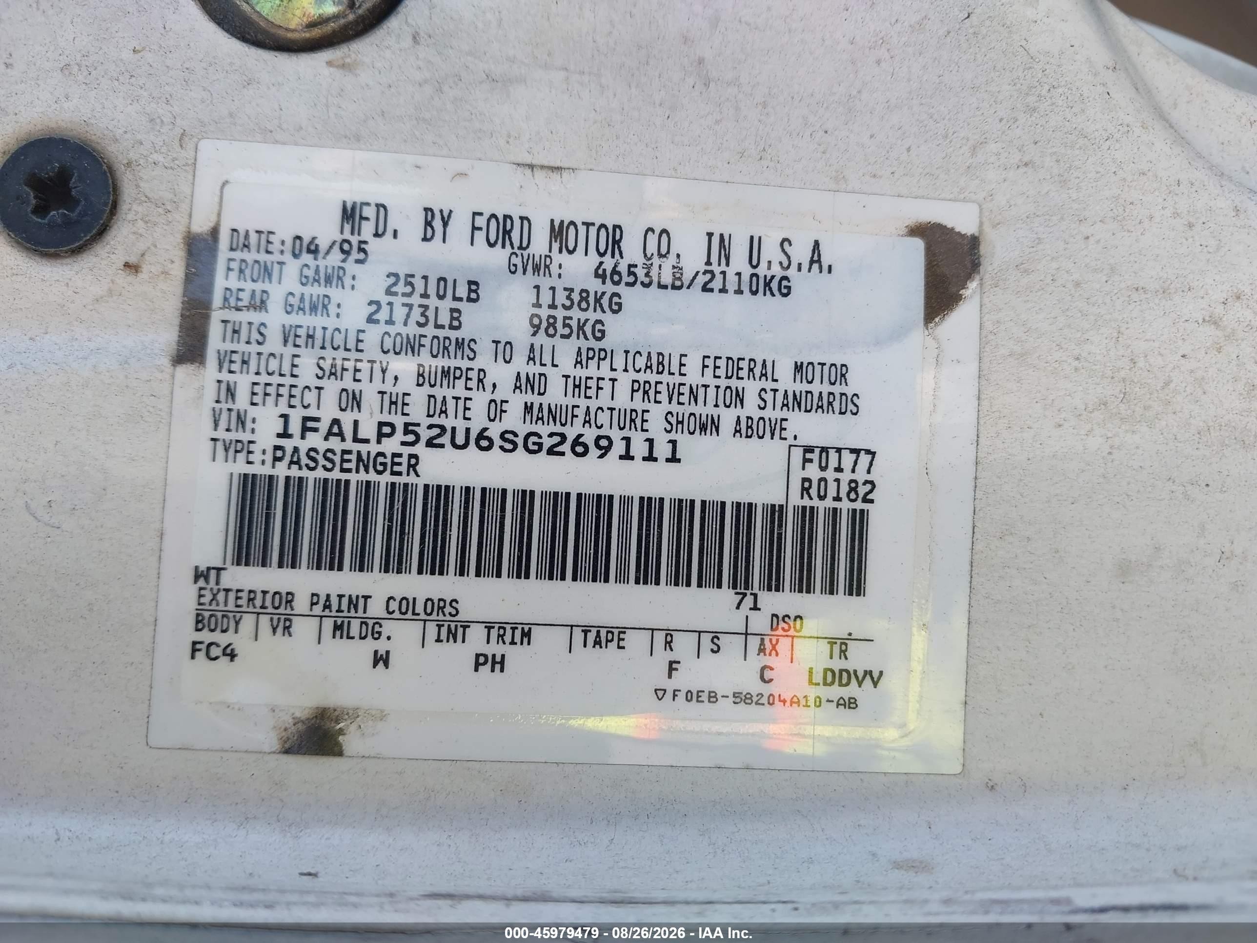 1995 Ford Taurus Gl/se White vin: 1FALP52U6SG269111