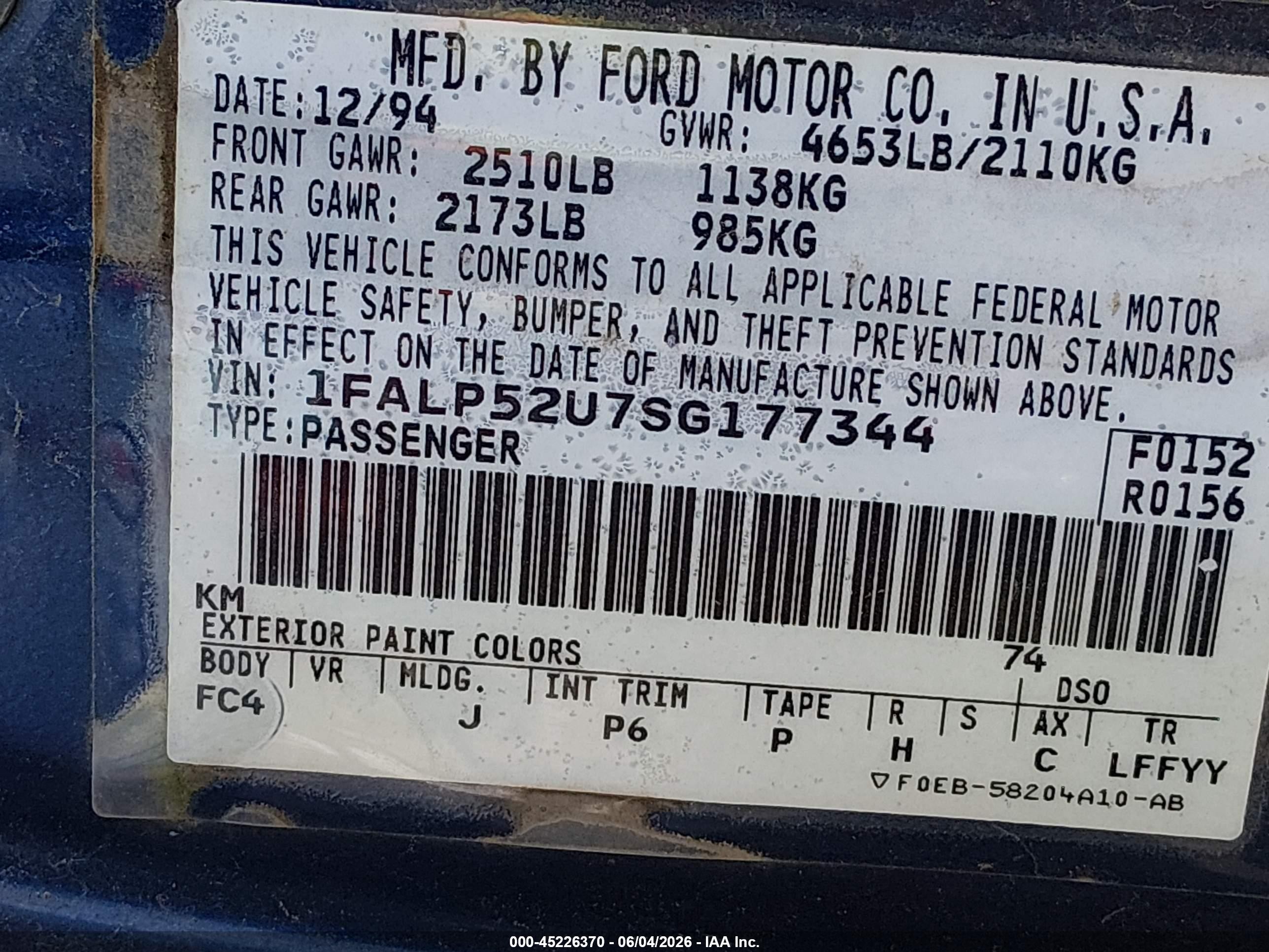 1995 Ford Taurus Gl/se Синий vin: 1FALP52U7SG177344