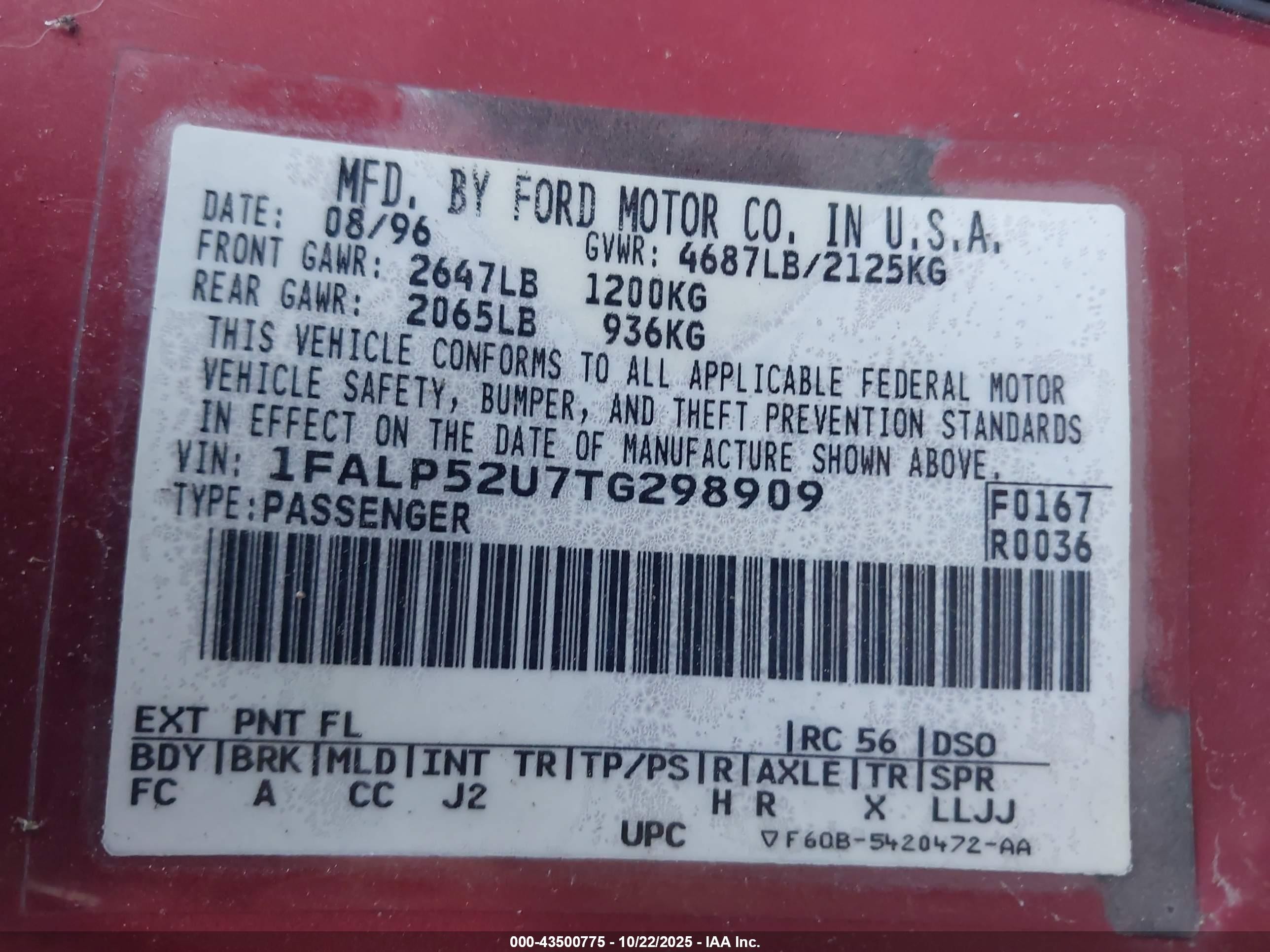 1996 Ford Taurus Gl Red vin: 1FALP52U7TG298909