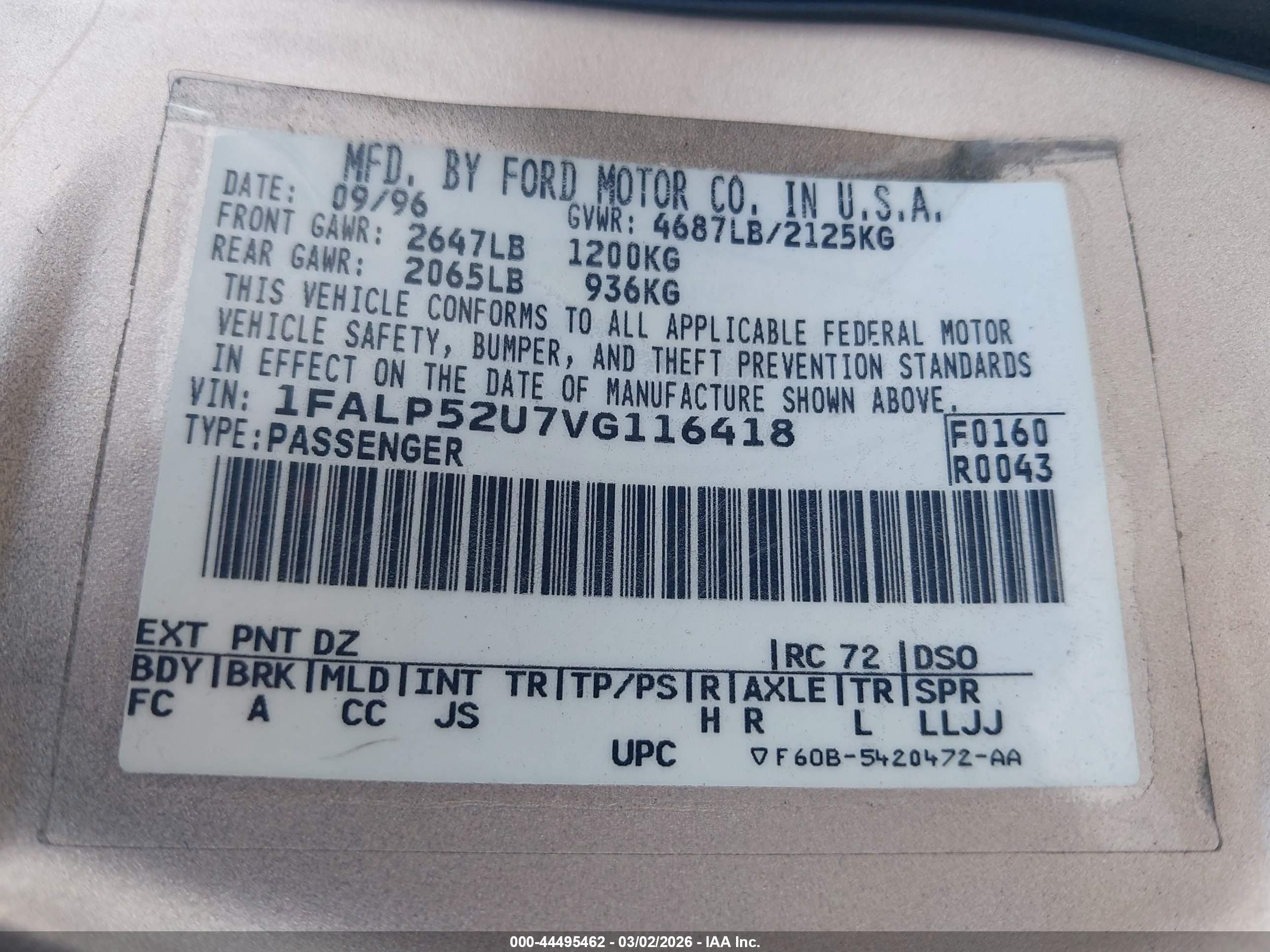 1997 Ford Taurus Gl Gold vin: 1FALP52U7VG116418