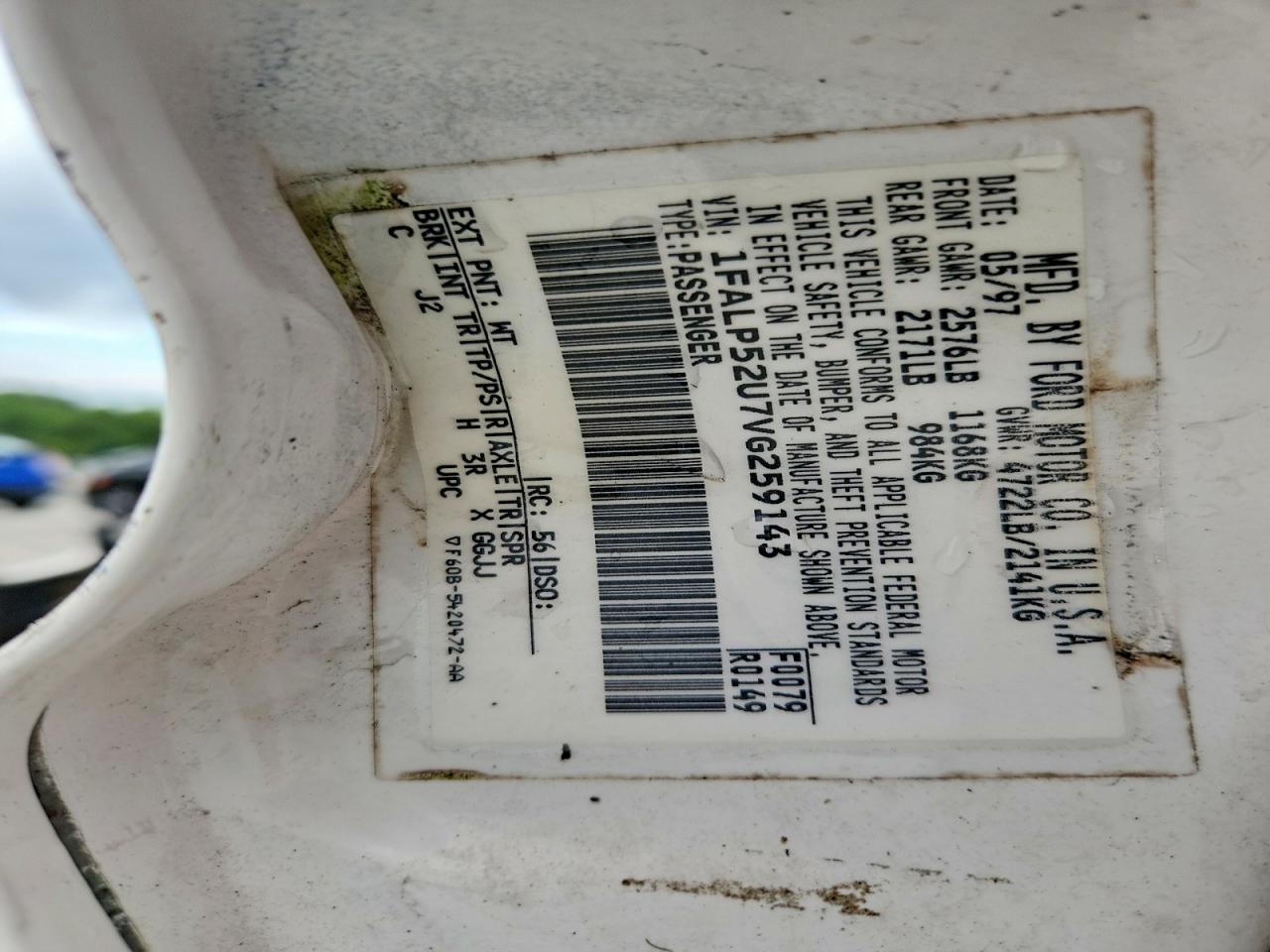 1997 Ford Taurus Gl White vin: 1FALP52U7VG259143