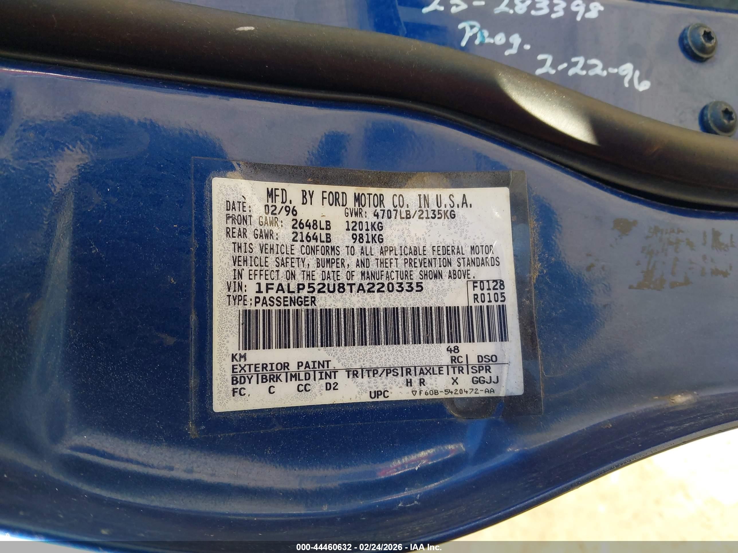 1996 Ford Taurus Gl Blue vin: 1FALP52U8TA220335