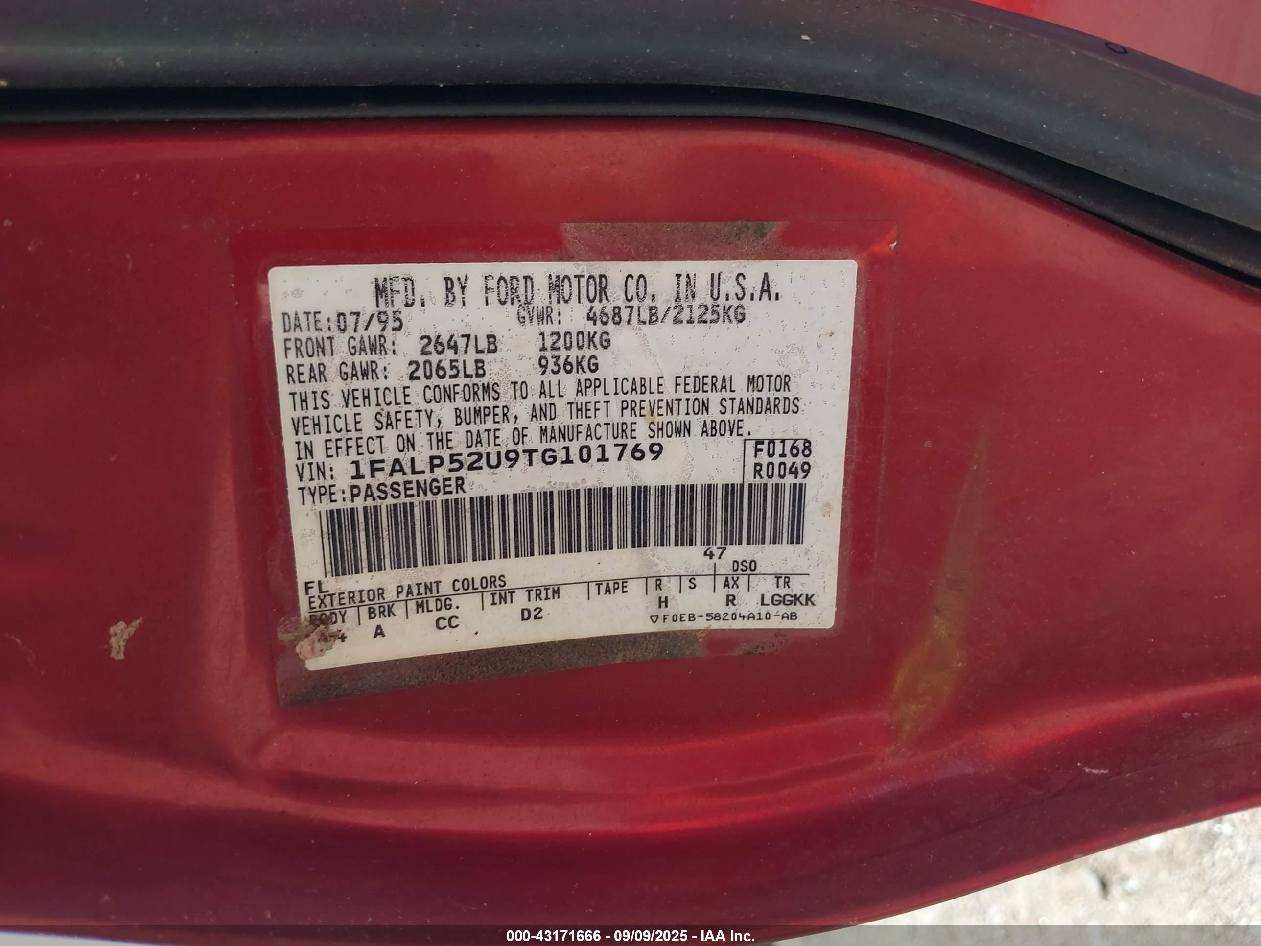 1996 Ford Taurus Gl Red vin: 1FALP52U9TG101769