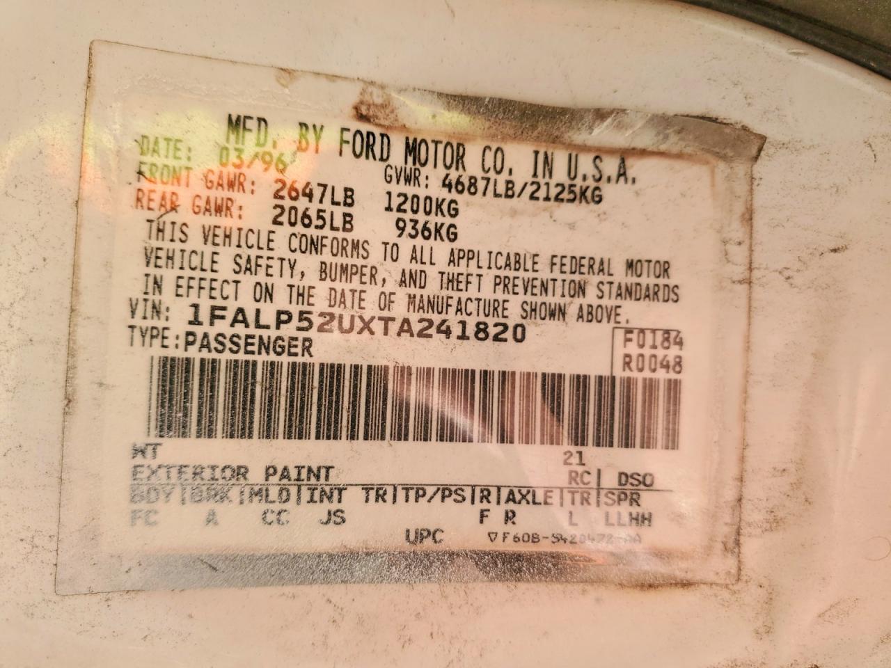 1996 Ford Taurus Gl White vin: 1FALP52UXTA241820