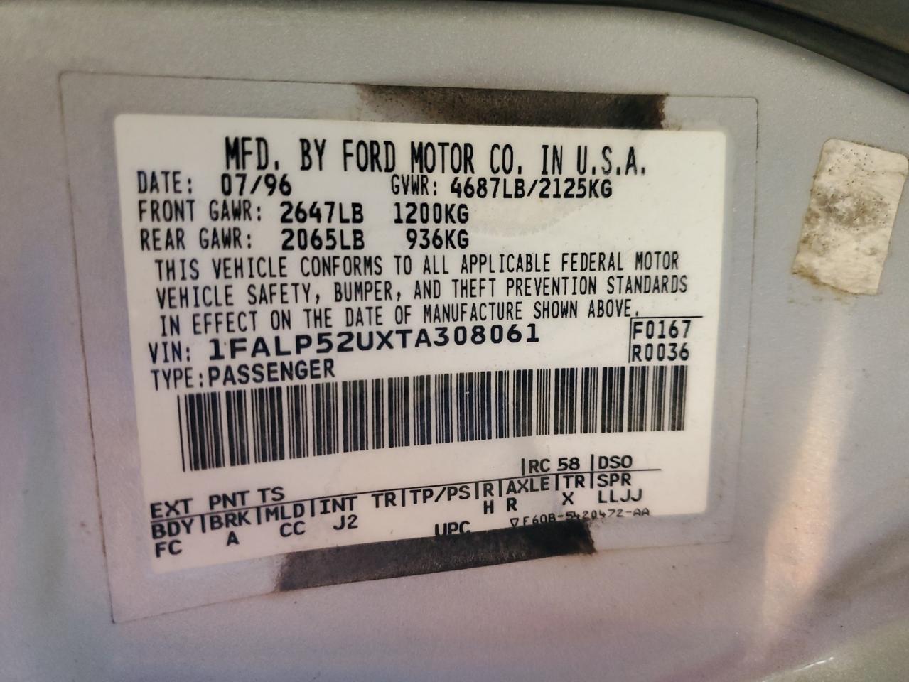 1996 Ford Taurus Gl Silver vin: 1FALP52UXTA308061